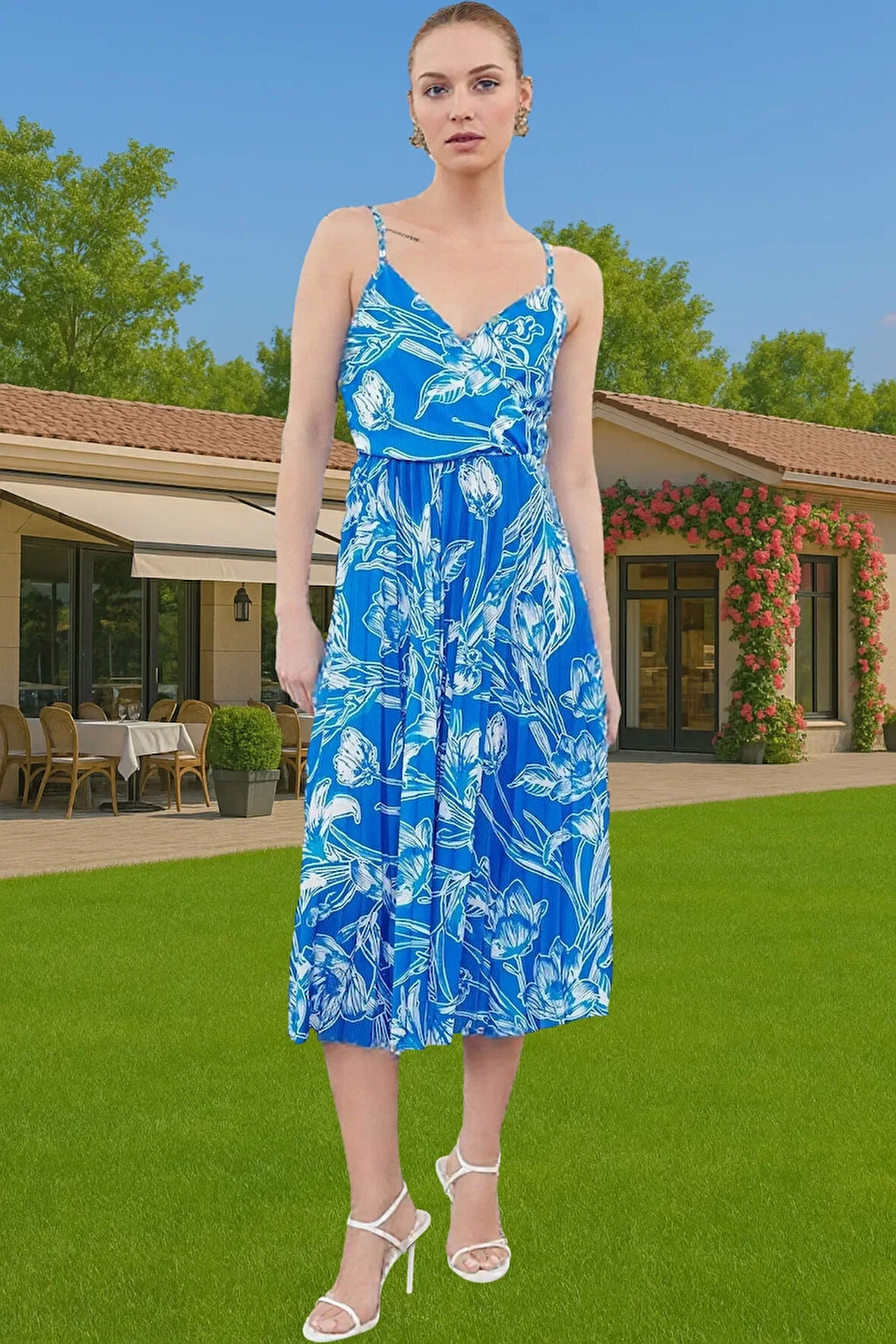 Pileli Midi Elbise Polyester Örme Yazlık Günlük Şık Özenle Seçilmiş Modern Stil Zarifane Tasarım