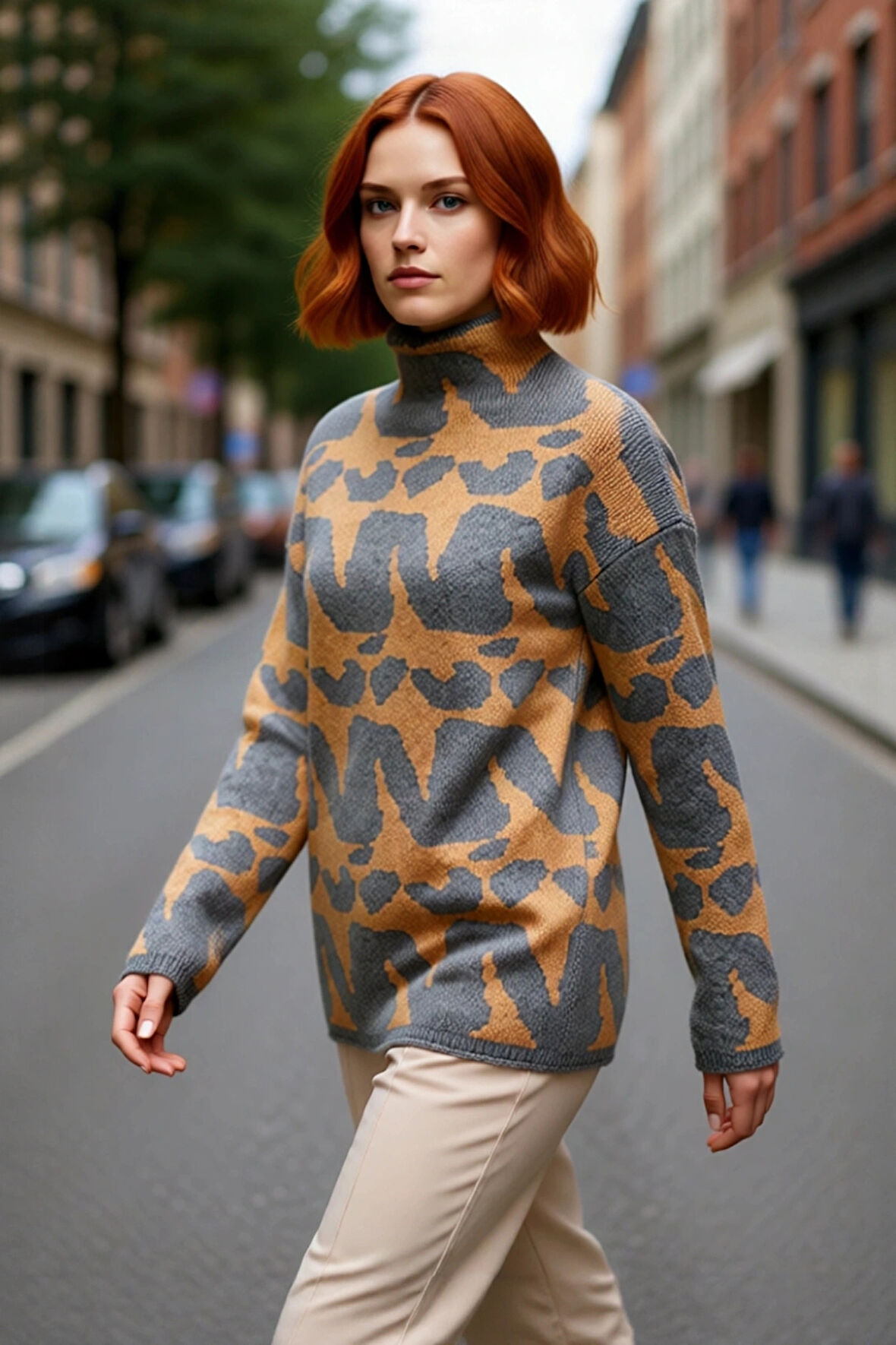 Kadın Oversize Dik Yaka Triko Kazak Modern Geometrik Desenli Soğuk Kış Günleri İçin İdeal Kaliteli