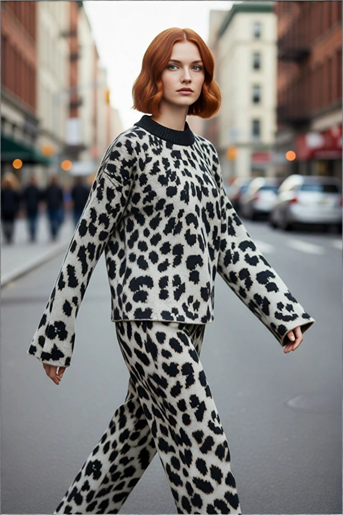 Kadınlar İçin Oversize Kalıp Leopar Desenli Düşük Kol Bisiklet Yaka Triko Kazak Kışlık Rahat Şıklık