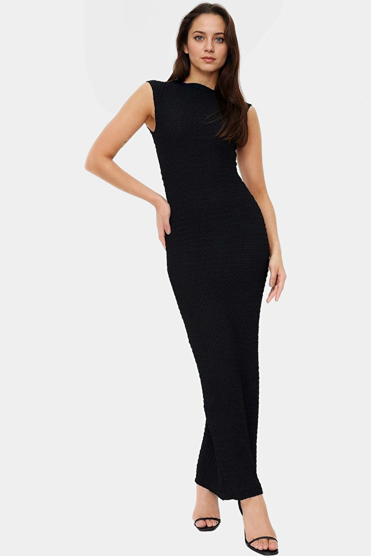 Şık Yazlık Örme Midi Elbise Bodycon Kalıp Kayık Yaka Esnek Kumaş Rahat Ve