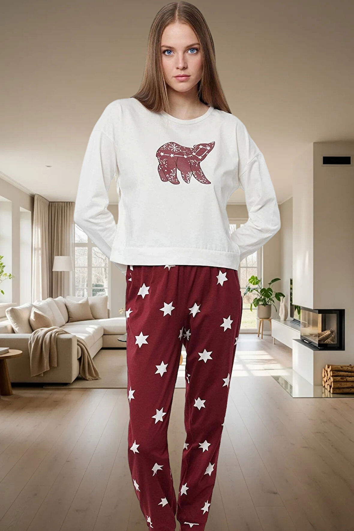 Kadın Yıldız Desenli Pamuklu Pijama Takımı Rahat Kalıp Uzun Paça Mükemmel Uyum Ömürlü