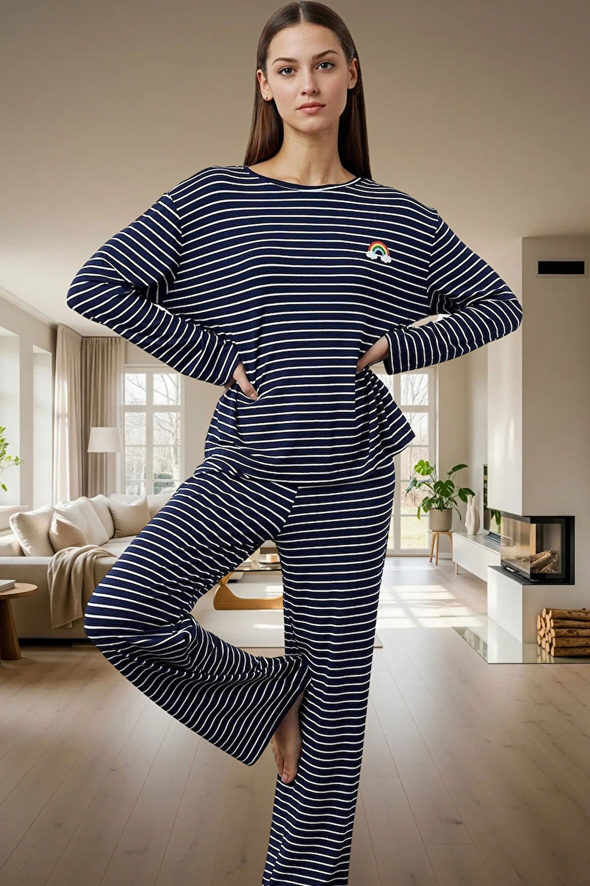 Kadın Çizgili Pijama Takımı Viskon Kumaş Rahat Kesim Profesyonel Görünüm Premium Kalite