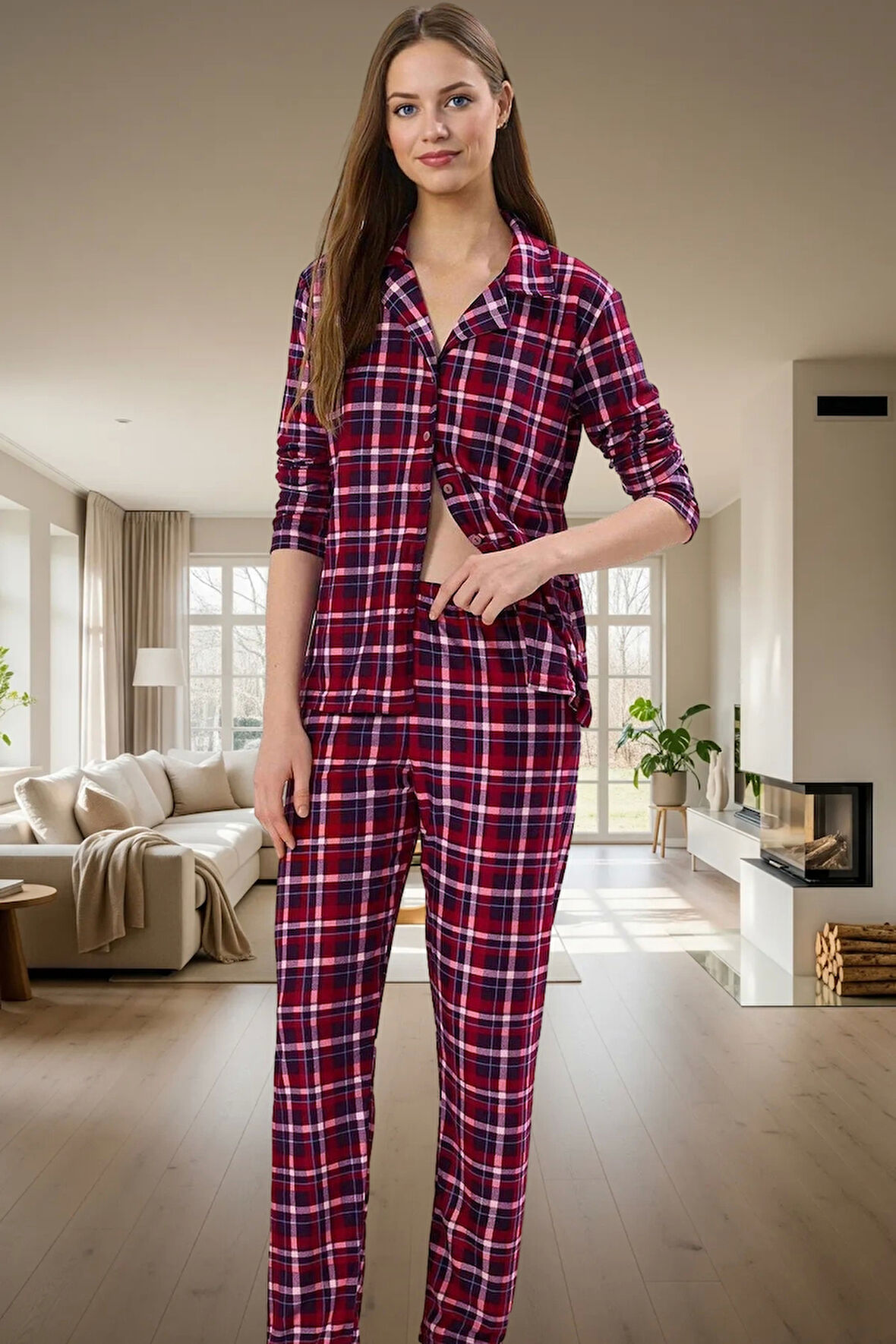 Kadın Kışlık Ekose Pijama Takımı Regular Kalıp Uzun Kollu  Polyester Mükemmel Uyum Seçkin Malzeme