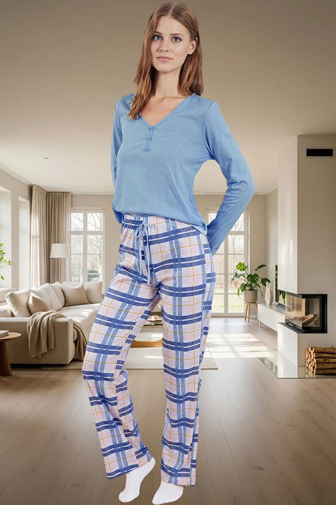 Kadın Rahat V Yaka Pamuklu Pijama Takımı Ekose Desenli Boru Paça Kaliteli İşçilik Yüksek Kalite