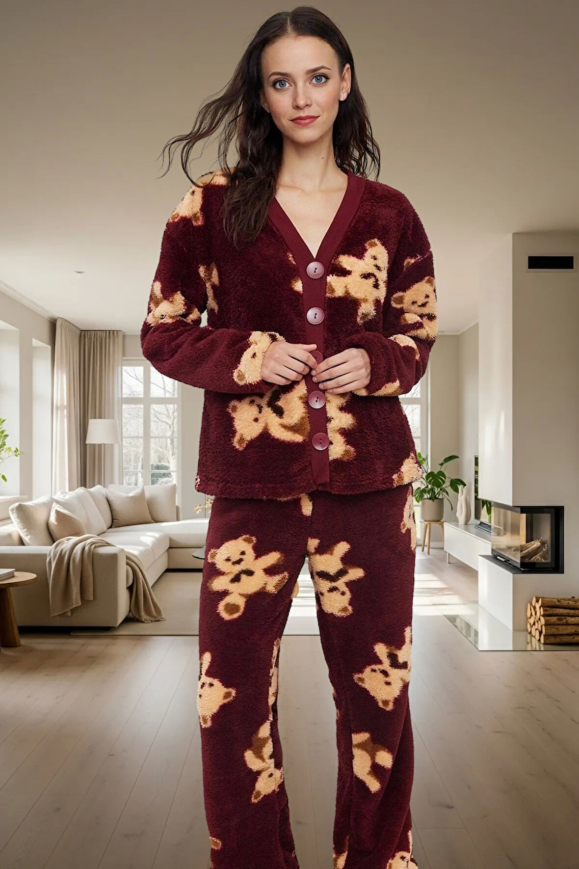 Kadın Ayıcıklı Wellsoft Kışlık Pijama Takımı Regular Kalıp Yüksek Kalite Modern Stil Özel Tasarım