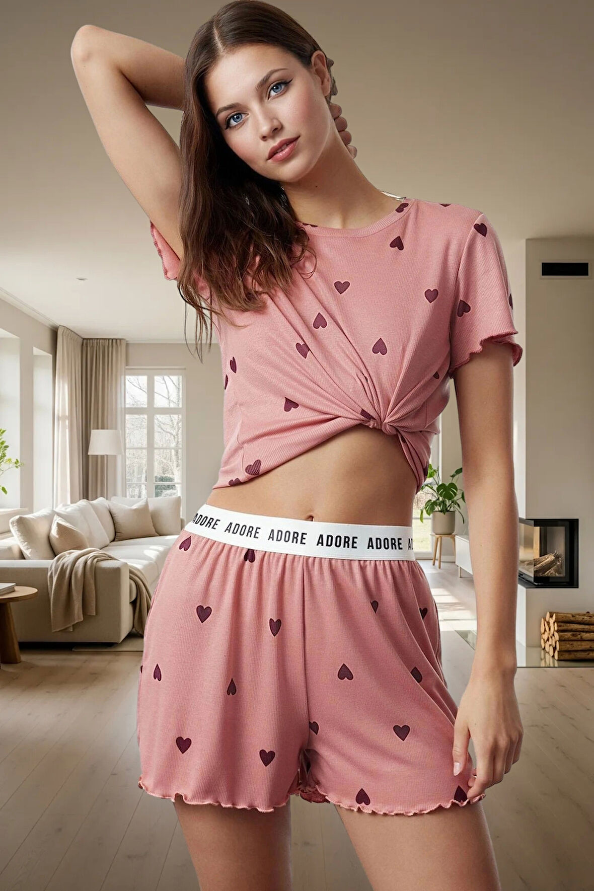 Kadın Kalpli Pijama Takımı Kısa Kollu Regular Kalıp Yazlık Rahat Özenle Seçilmiş