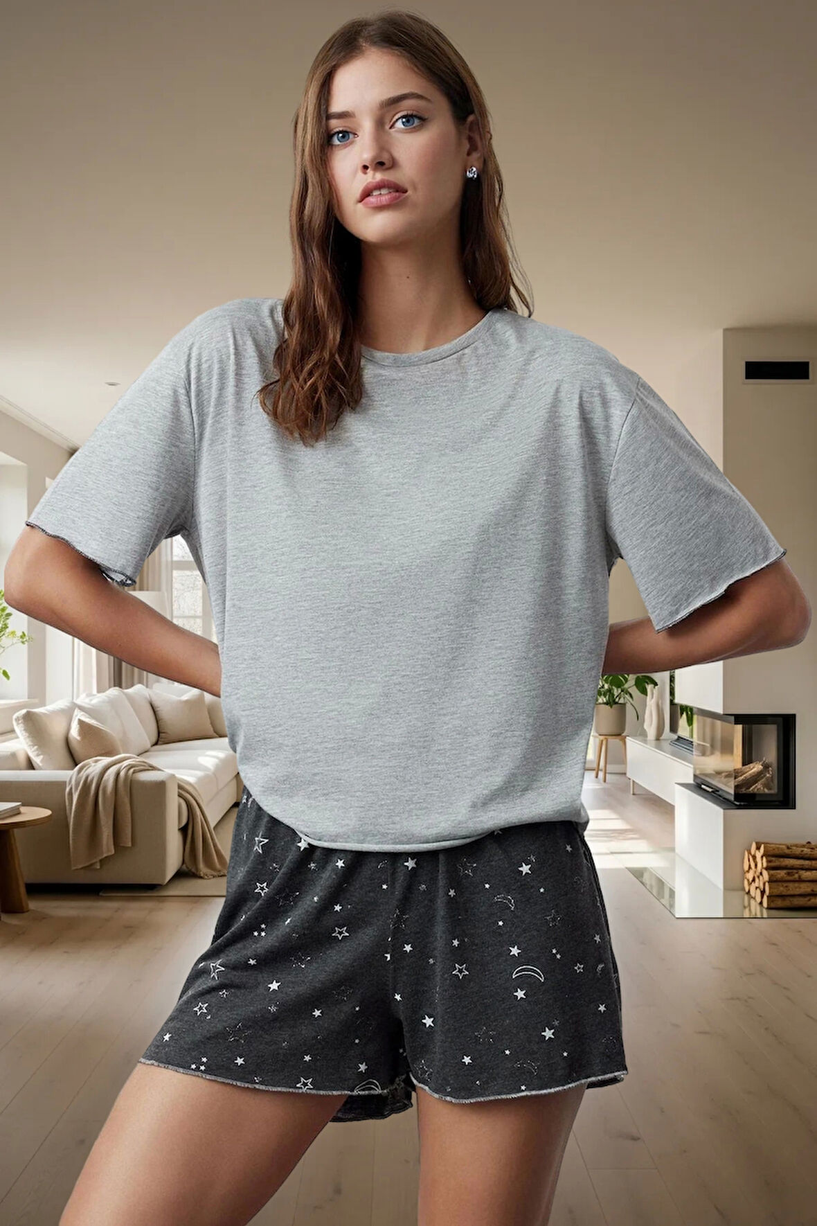 Kadın Galaksi Desenli Pijama Takımı Pamuk Polyester Örme Kumaş Kaliteli İşçilik Seçkin Malzeme