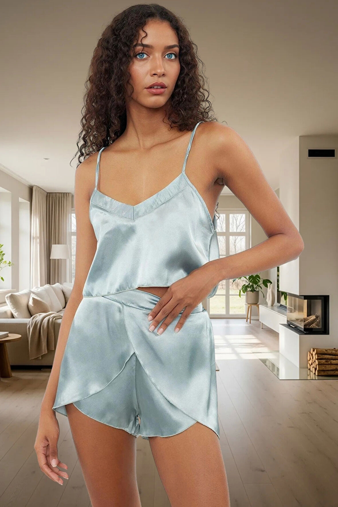 Kadın Saten Pijama Takımı İnce Askılı V Yaka Regular Kalıp Rahat Kullanım Ve Şık