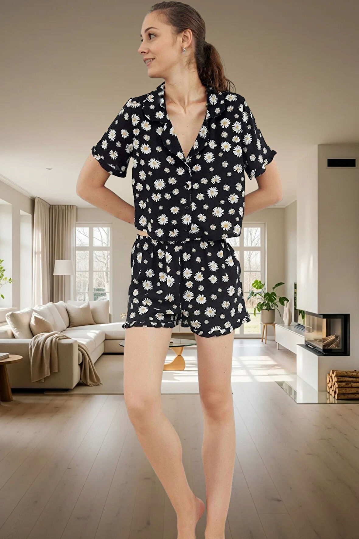 Kadın Viskon Şortlu Pijama Takımı Çiçekli Desen Rahat Yazlık Şık Görünüm Özenle Seçilmiş