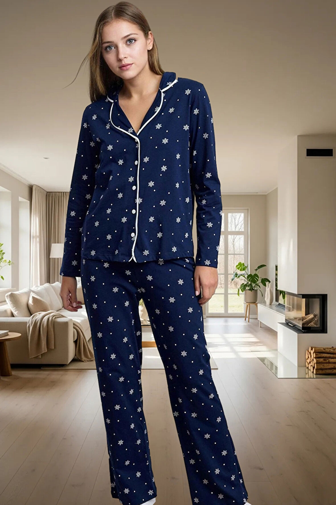Kadın Kışlık Pamuklu Pijama Takımı Biyeli Desenli Rahat Ev Giyim Seti Günlük Kullanım İçin