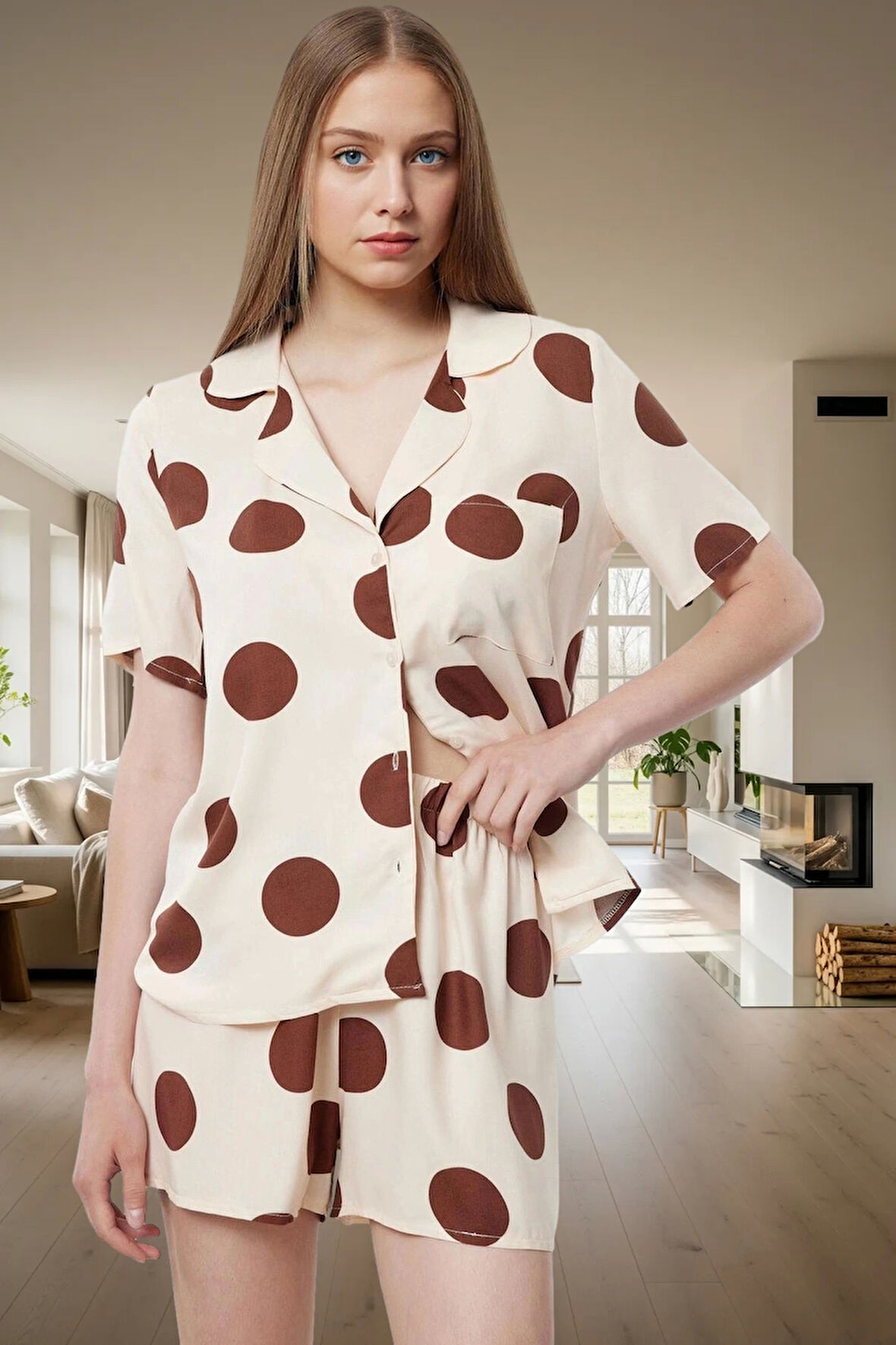 Kadın Puantiyeli Viskon Pijama Takımı Kısa Paça Şortlu Düğmeli Rahat Kalıp Uzun Ömürlü Ve Şık