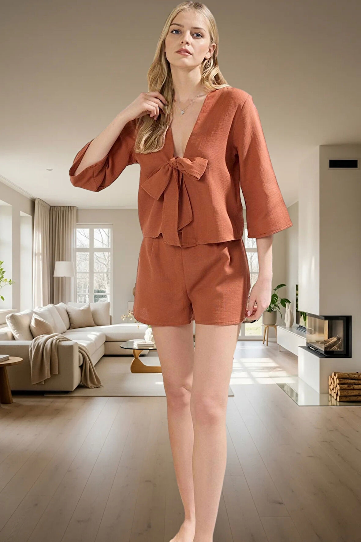 Kadın Pamuklu Müslin Pijama Takımı Şal Yaka Truvakar Kol Geniş Paça Profesyonel Görünüm