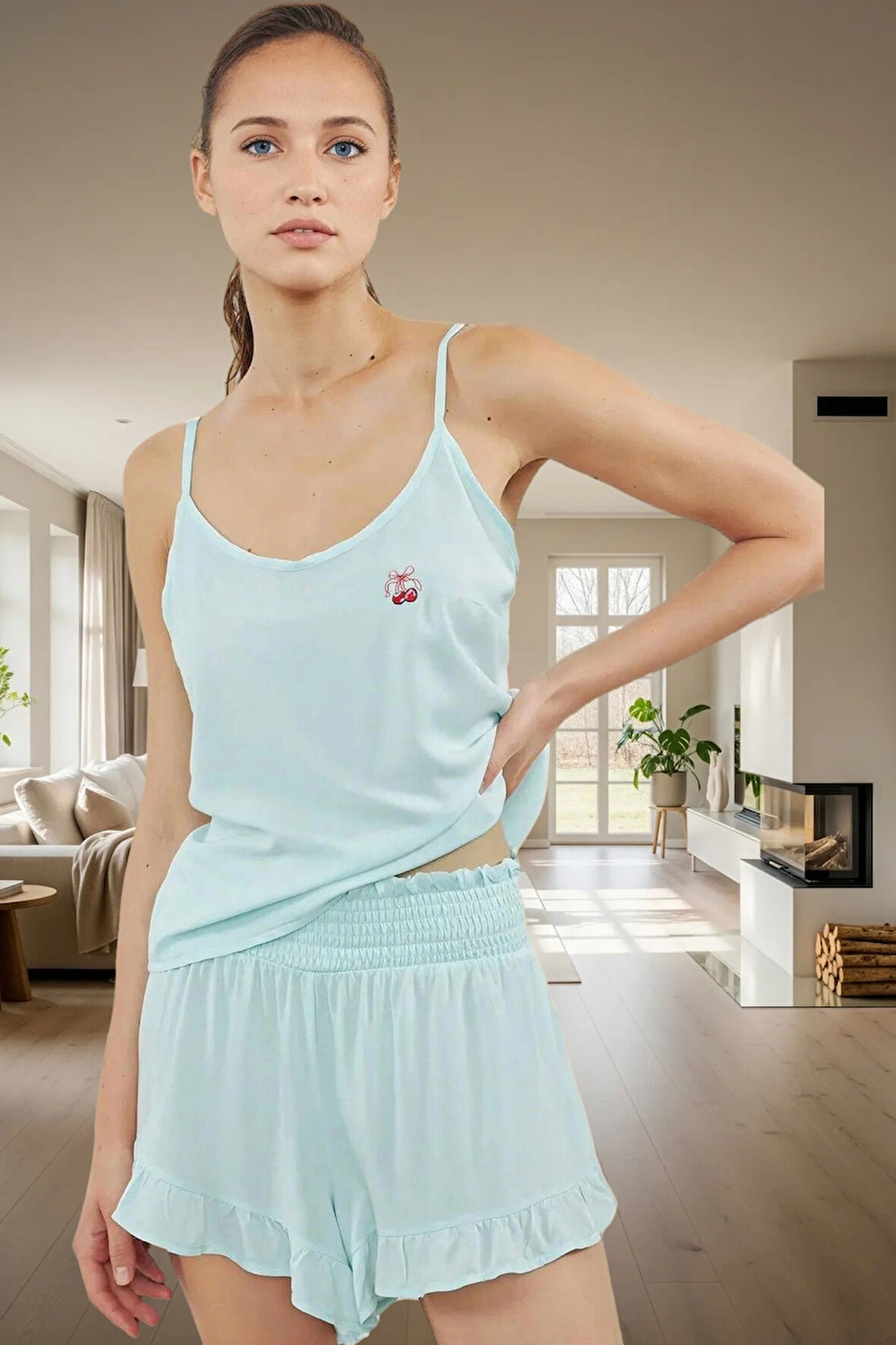 Kadın Viskon Şortlu Pijama Takımı Kiraz Nakışlı Rahat Ev Giyim Kullanım Şık Görünüm