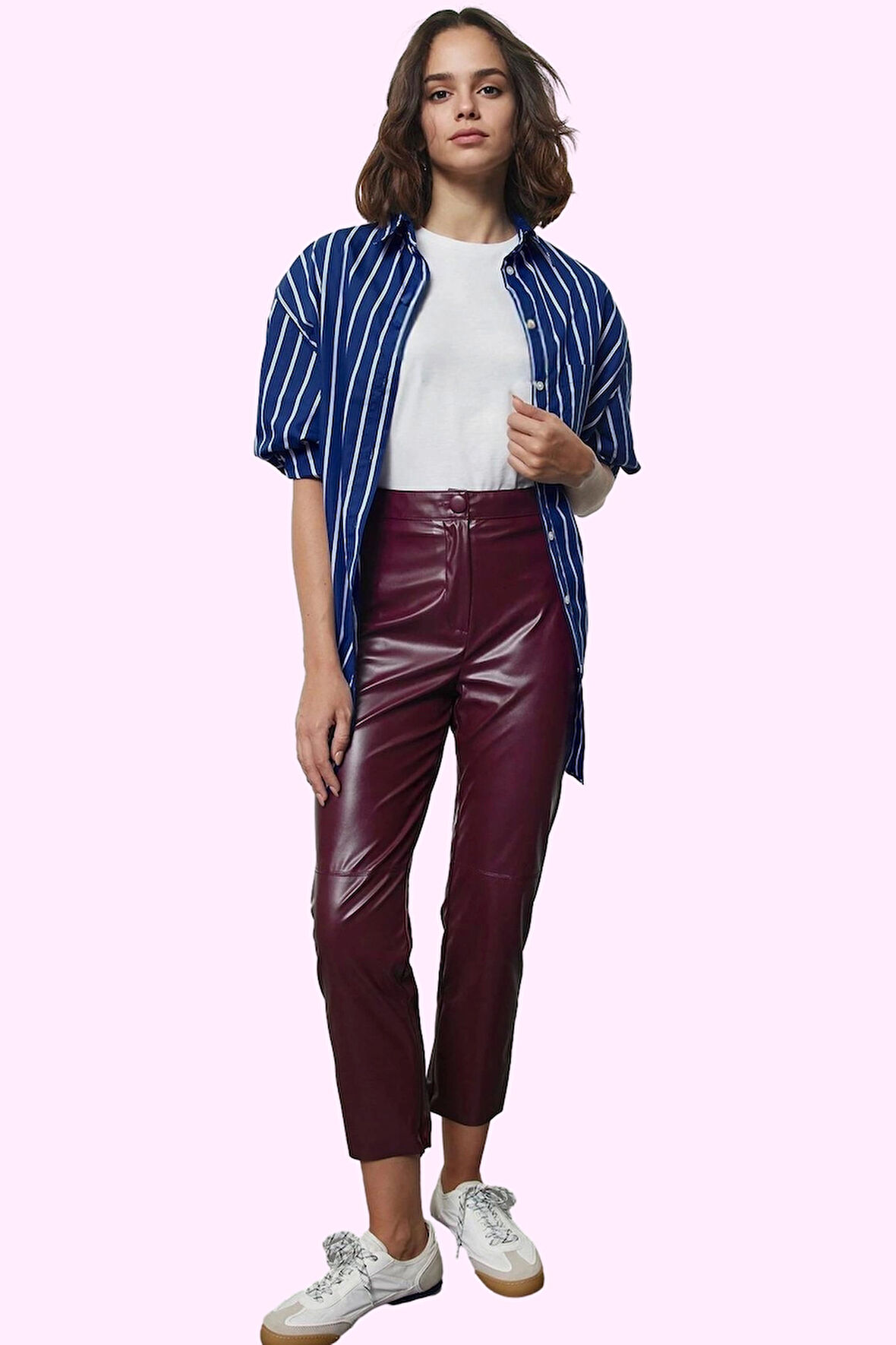 Kadın Yüksek Bel Dar Paça Suni Deri Pantolon Kemersiz Kışlık Günlük Yaz Aylarının Vazgeçilmezi