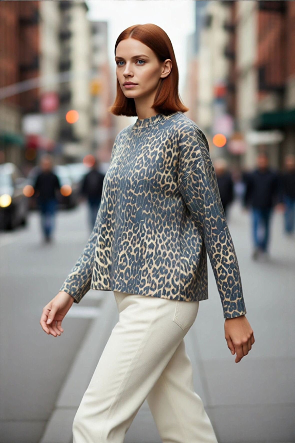 Kadın Oversize Leopar Desenli Bisiklet Yaka Düşük Kollu Akrilik Polyester Triko Kazak Rahat Şıklık