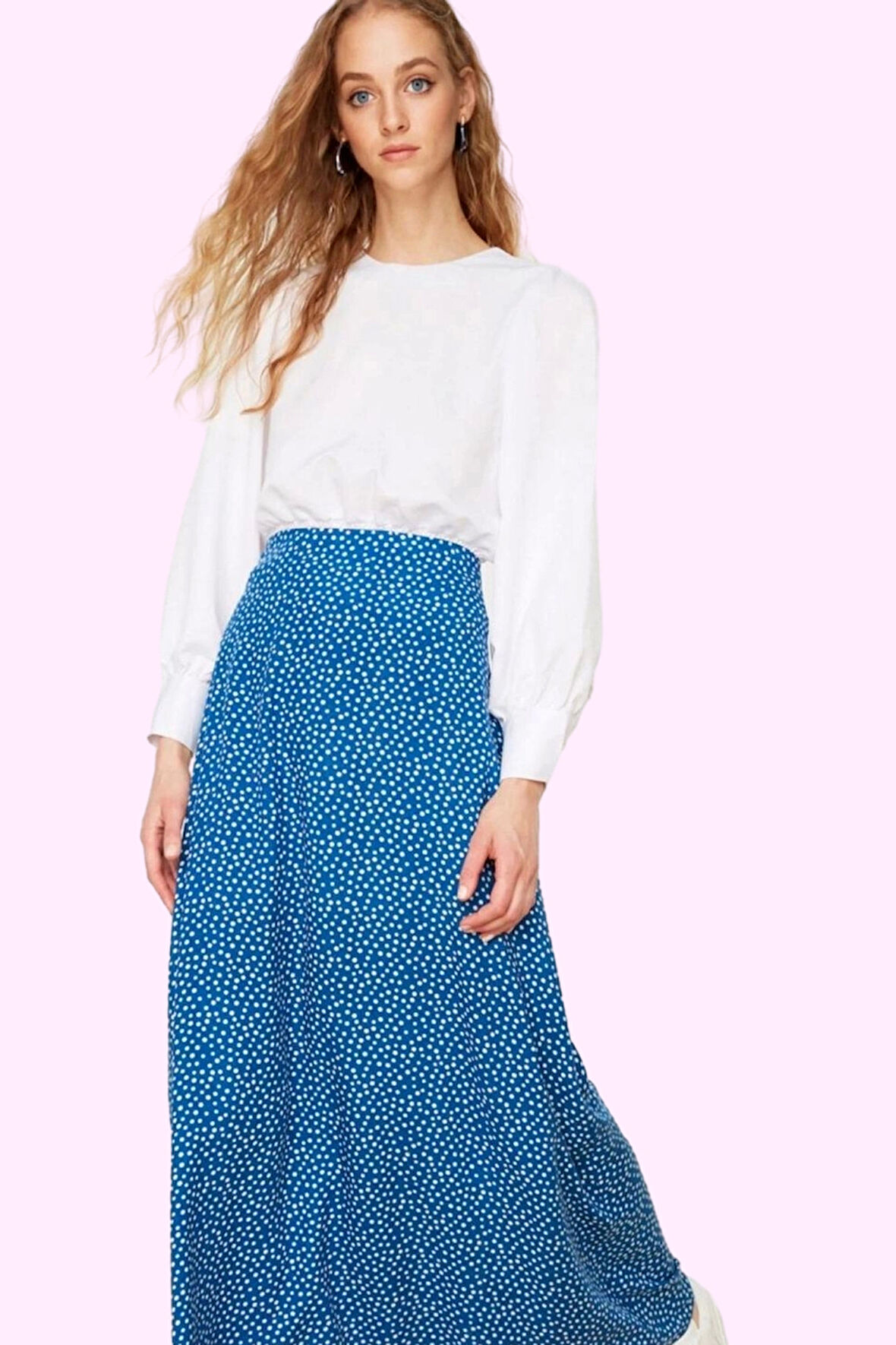 Kadın Maxi Boy Puantiyeli Desenli Dokuma Etek Yüksek Bel A line Kesim Yazlık Günlük Kullanım