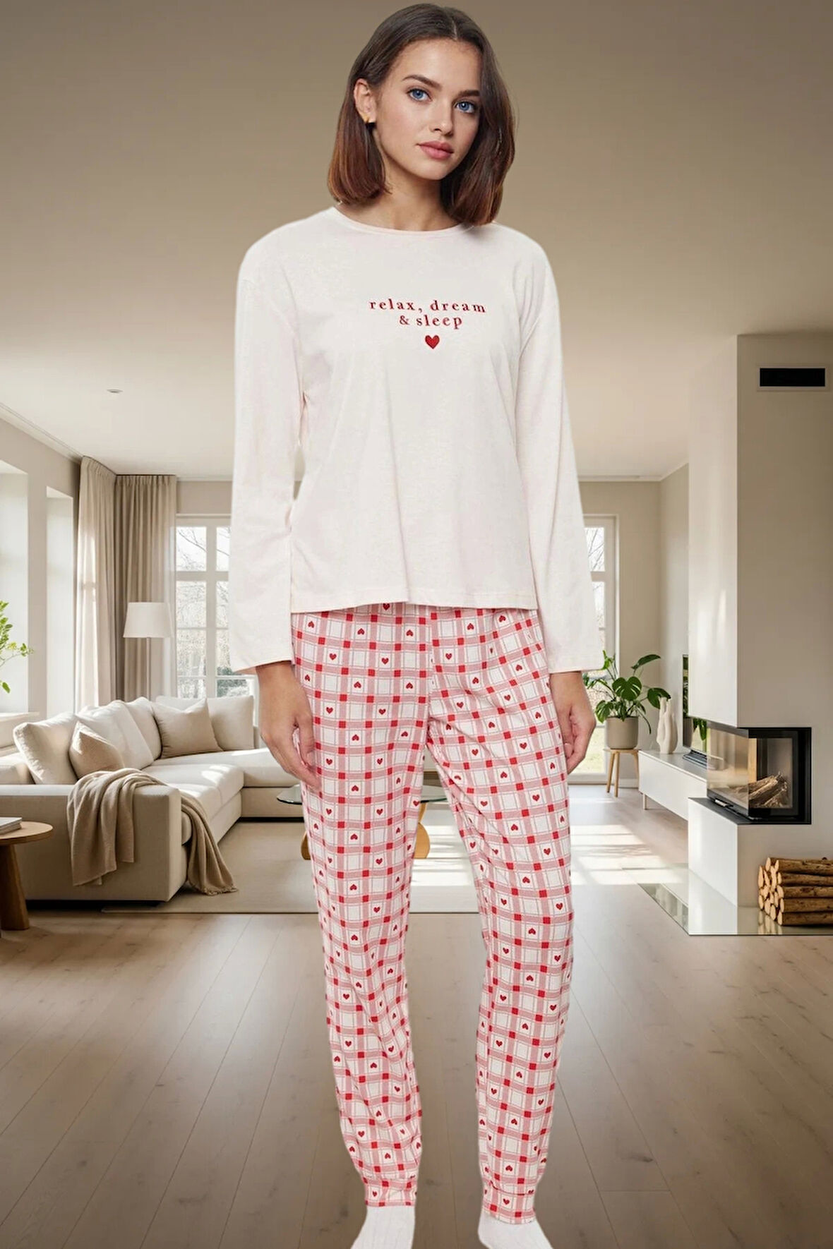 Kadın Pamuklu Uzun Kollu Pijama Takımı Kalpli Ekoseli Rahat Tasarım Trend Zarif