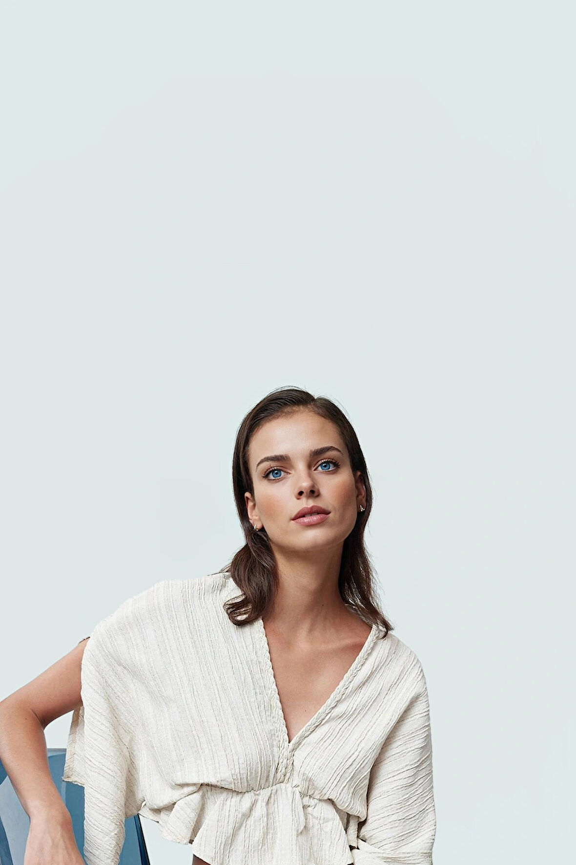 Keten Karışımlı Dokuma Bluz V Yaka Kısa Kollu Rahat Yazlık Profesyonel Görünüm Kullanım