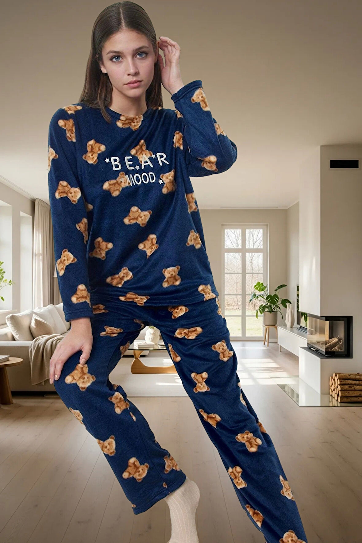 Kadın Ayıcıklı Desenli Polar Pijama Takımı Kışlık Rahat Uyku Seti Premium Kalite Profesyonel Görünüm