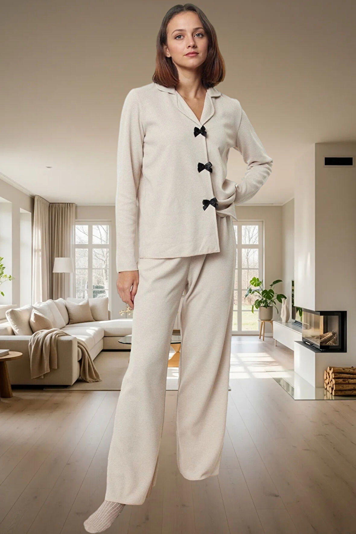 Kadın Waffle Kumaş Pijama Takımı Renk Uzun Paça Boru Profesyonel Görünüm Kaliteli İşçilik