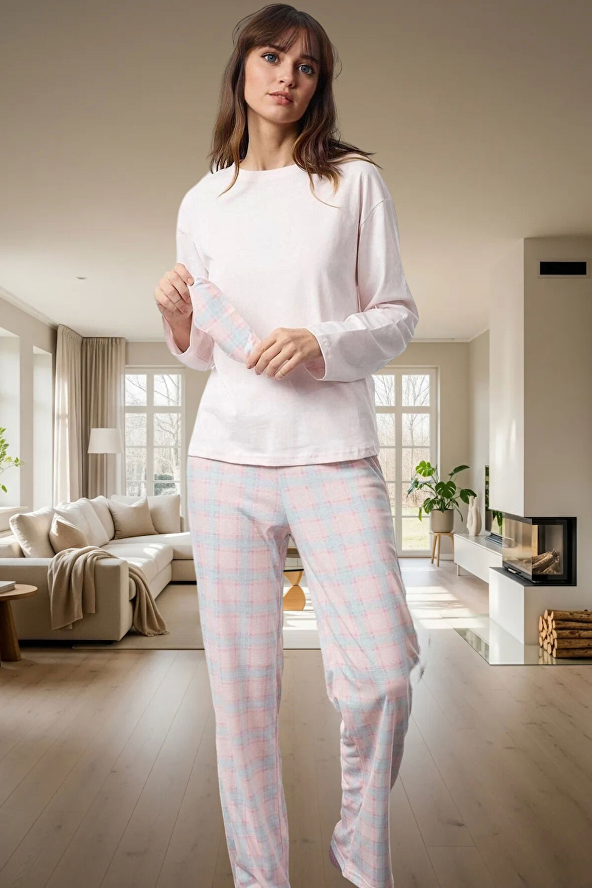Kadın Rahat Pamuklu Ekose Pijama Takımı Uzun Kollu Regular Kalıp Kış Sezonu Profesyonel Görünüm