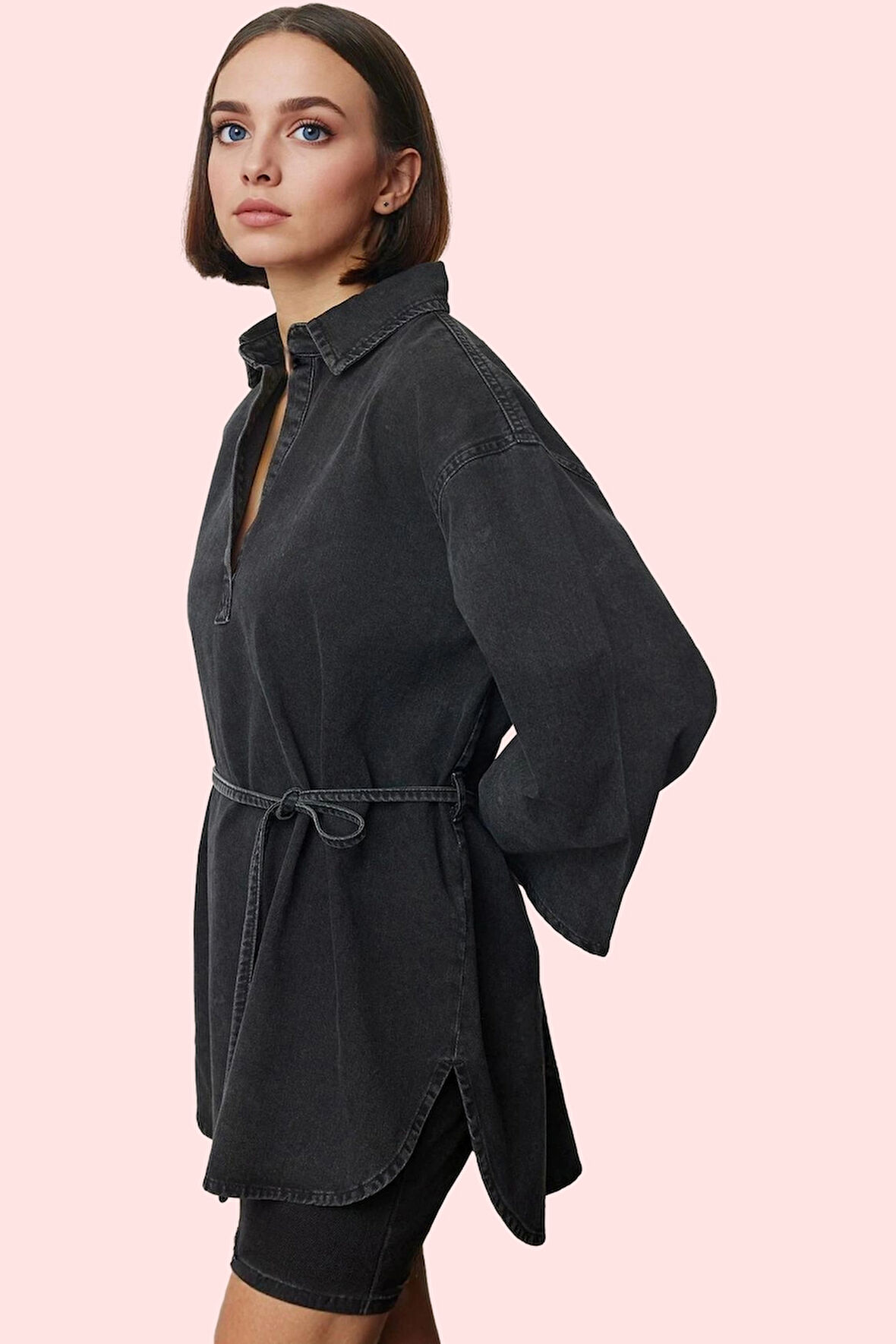 Kadın Oversize Denim Gömlek İspanyol Kol Regular Kalıp Pamuklu Günlük Stil Kaliteli Malzeme