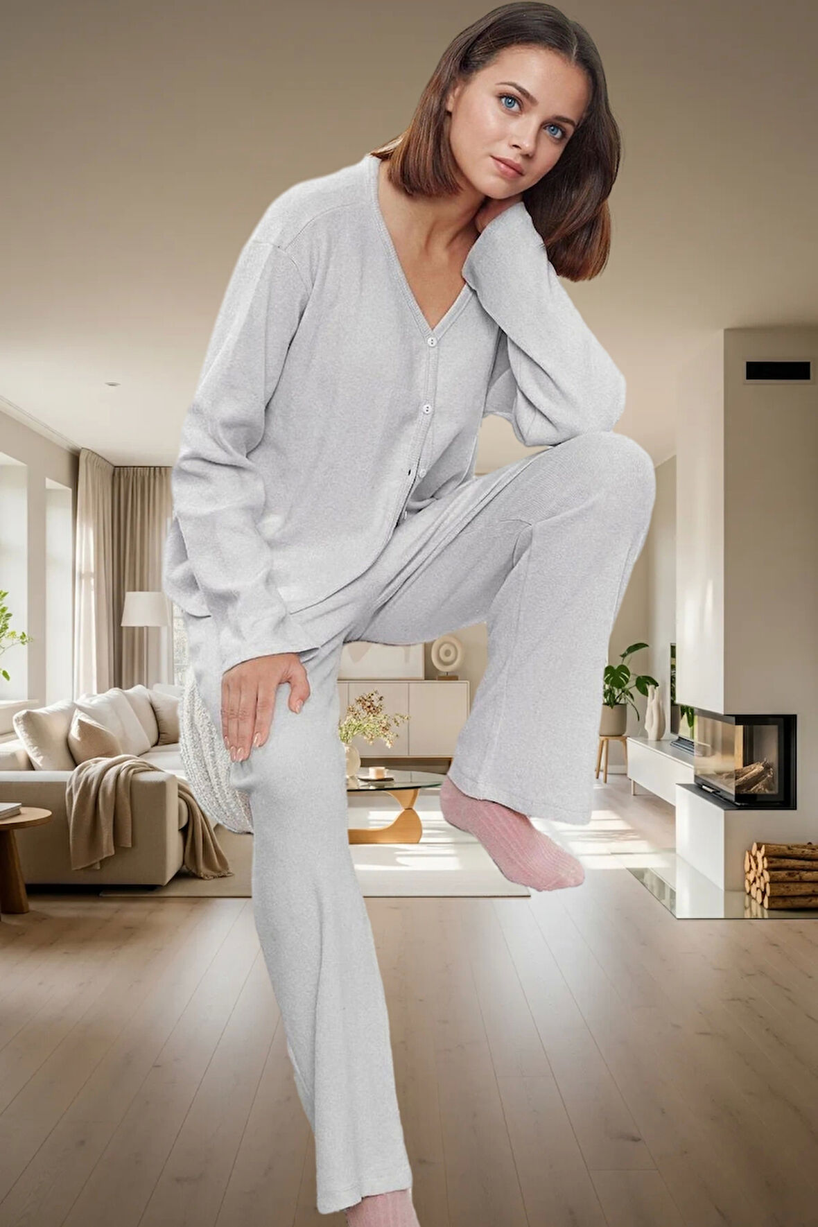 Kadın Kaşkorse Örme Pijama Takımı Kış Mevsimi İçin Rahat Uyku Günlük Kullanım