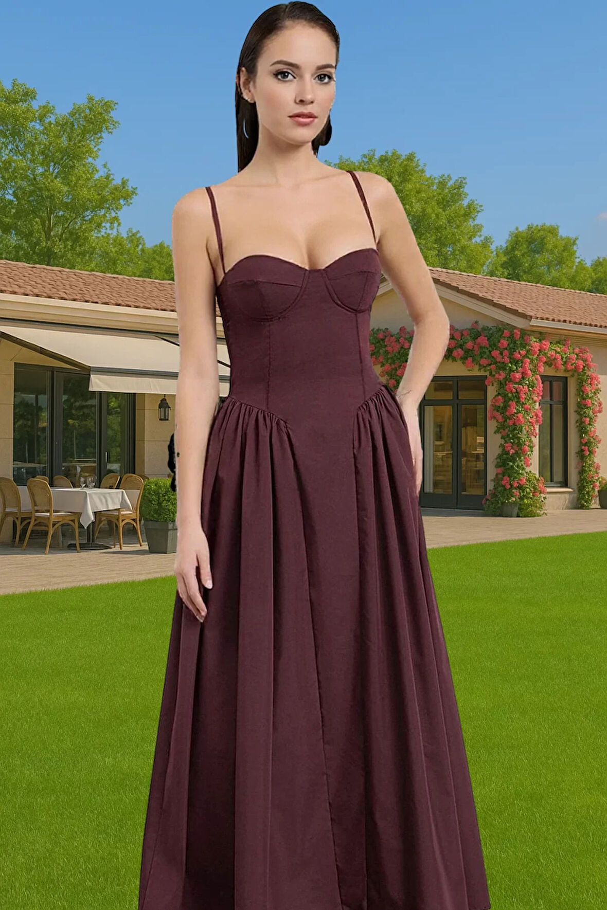 A Kesim Poplin Dokuma Midi Elbise Kemersiz Yazlık Kadın Elbisesi Modern Stil Dayanıklı Malzeme