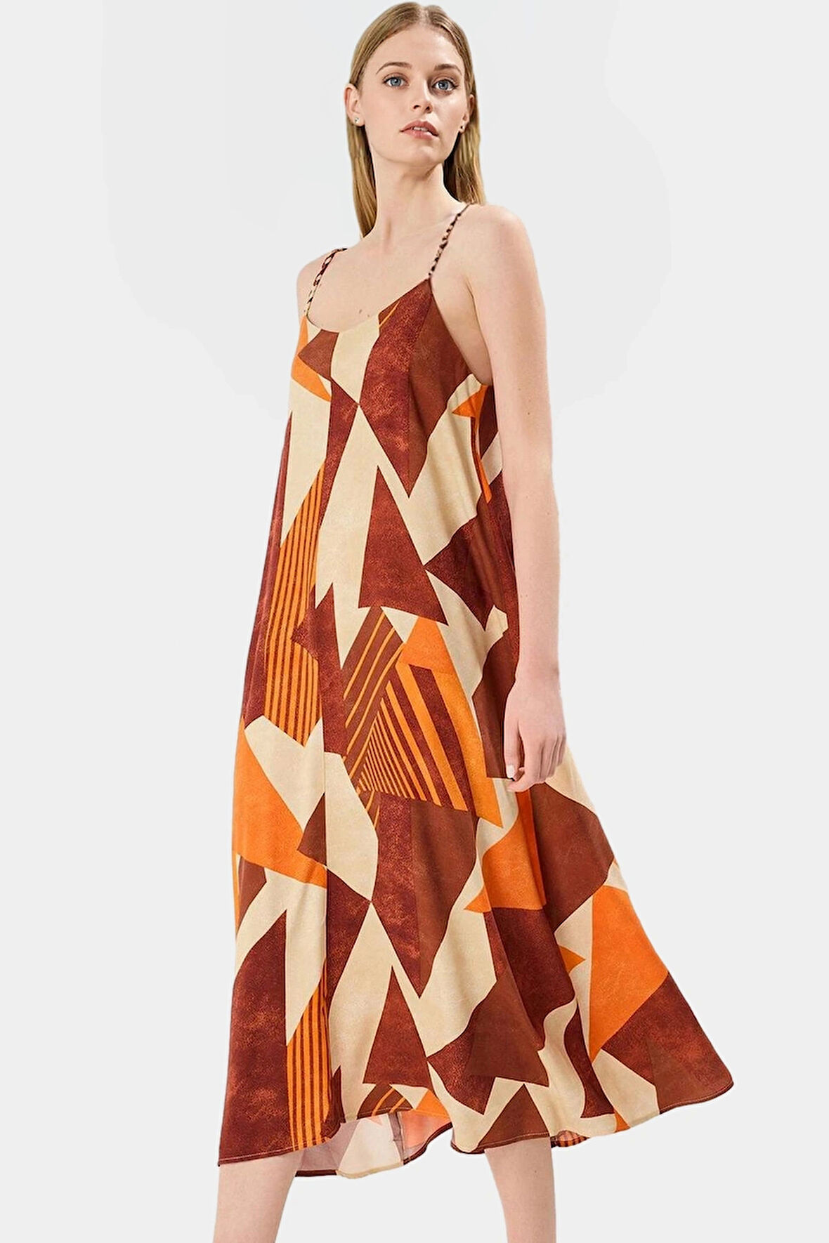 Yazlık Geometrik Desenli Midi Elbise Viskoz Kumaş Günlük Şık Tarz Modern Stil Trend Tasarım