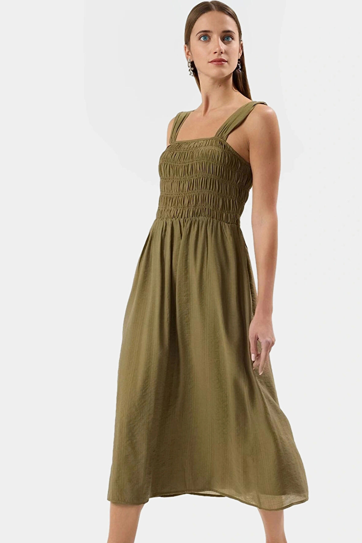 Midi Boy Crinckle Organze Dokuma Elbise Kare Yaka Astarlı Gipeli Tasarım Konforlu Kesim Modern Stil