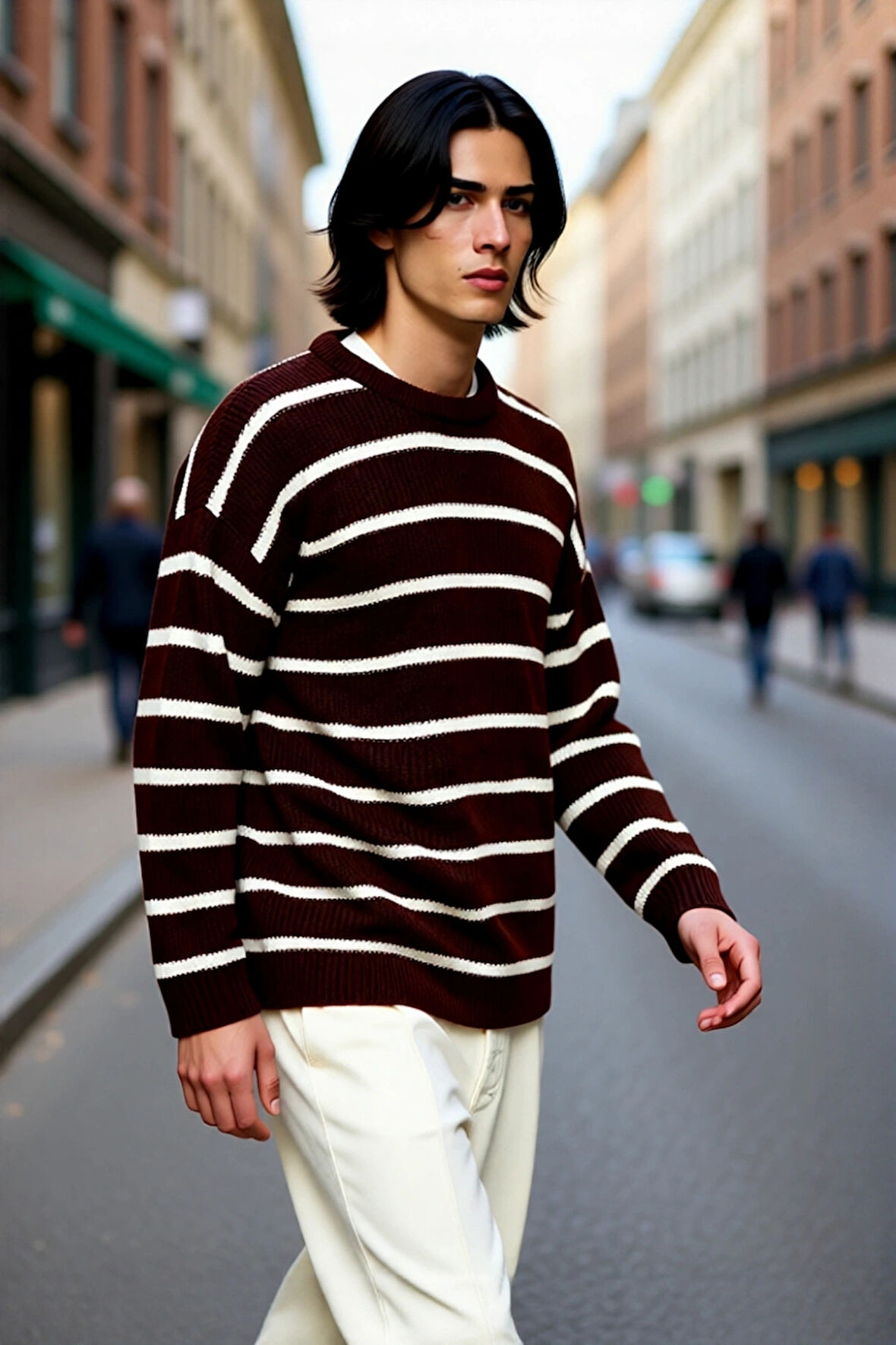 Erkek Oversize Bisiklet Yaka Çizgili Selanik Dokuma Kalın Akrilik Kışlık Kazak Konforlu Stil