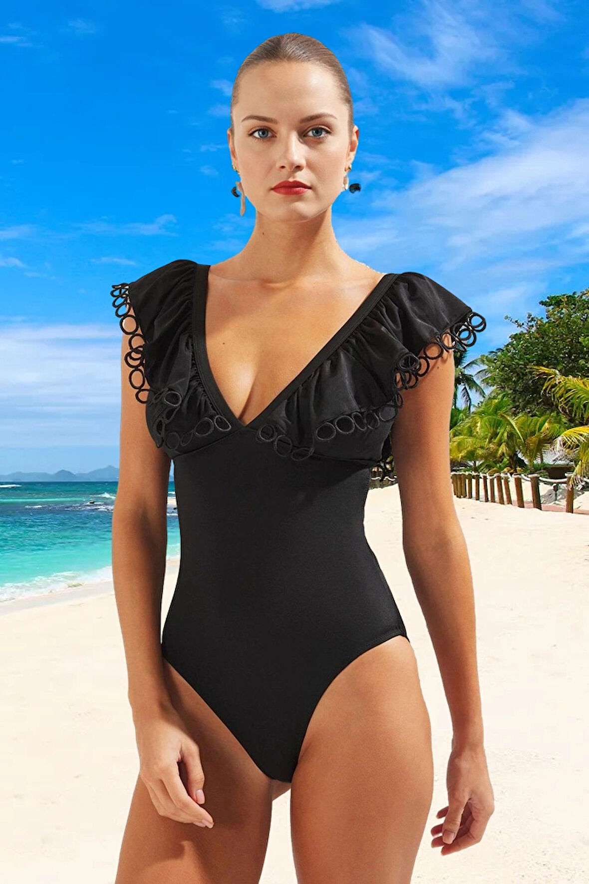 Volanlı V Yaka Mayo Swimsuit Esnek Kumaş Havuz Mayosu Plaj Klora Dayanıklı