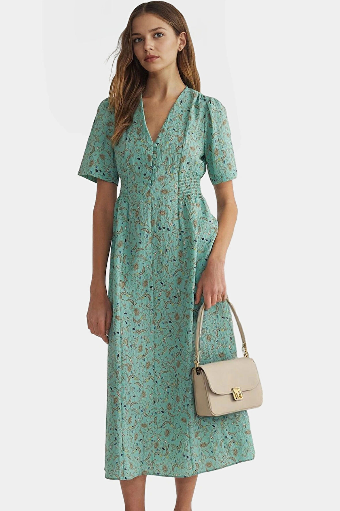 Çiçekli A Kesim Midi Elbise Polyester Dokuma Yazlık Günlük Zarifane Tasarım Seçkin Malzeme