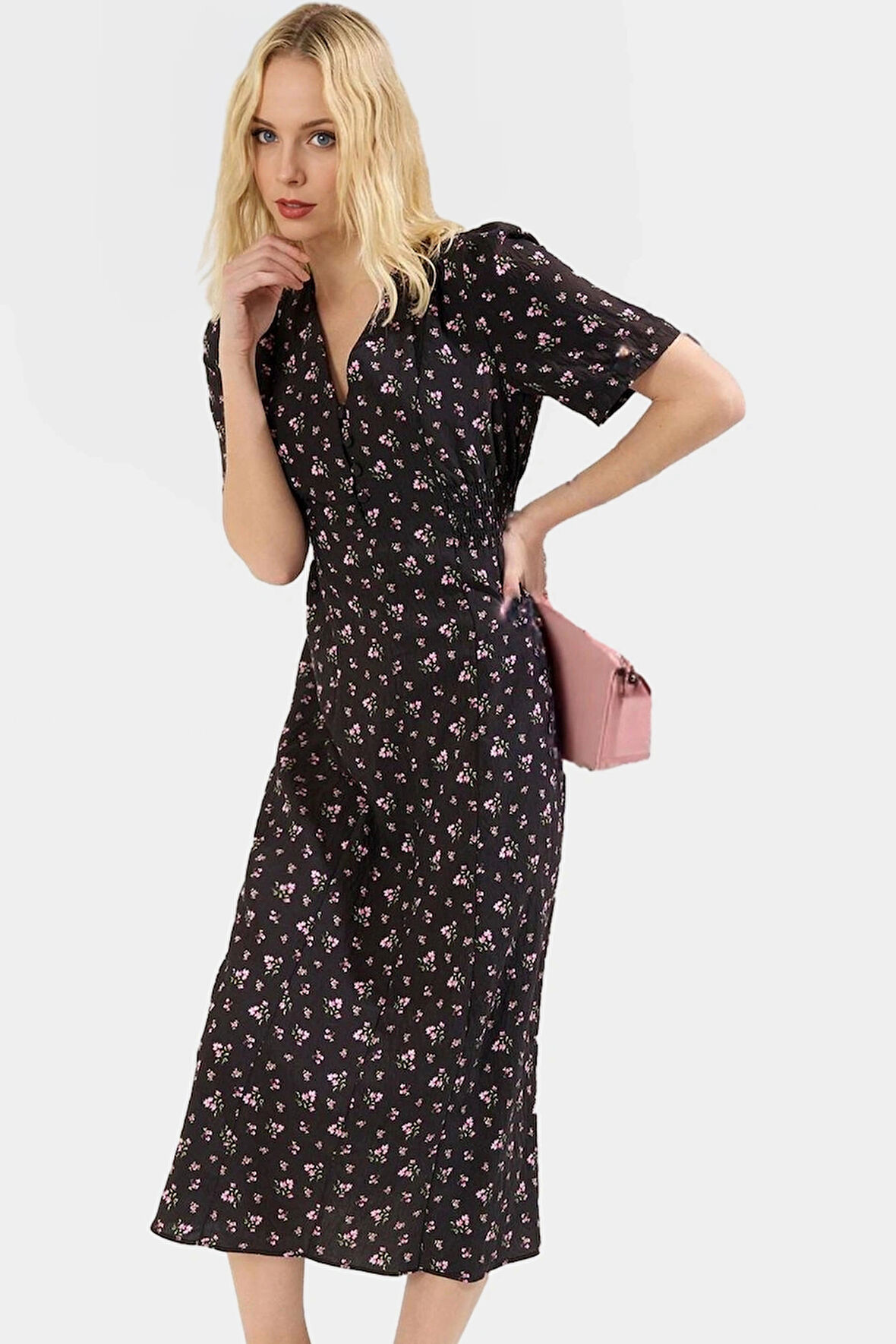 Çiçekli A Kesim Midi Elbise Polyester Dokuma Yazlık Günlük Zarifane Tasarım Seçkin Malzeme