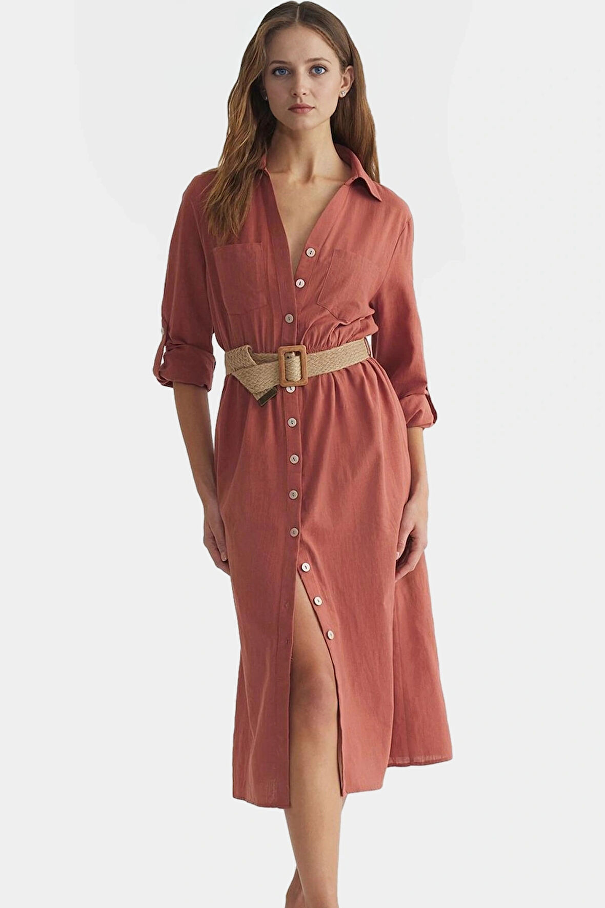 Midi Dokuma Gömlek Elbise Pamuk Kemerli Günlük Casual Seçkin Malzeme Kaliteli İşçilik