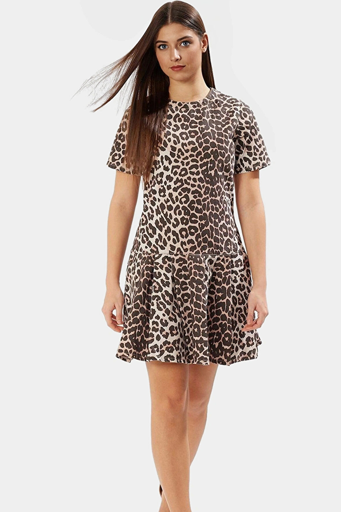 Çok Leopar Desenli Mini Denim Elbise Fırfırlı Etek Pamuk Yazlık Modern Stil