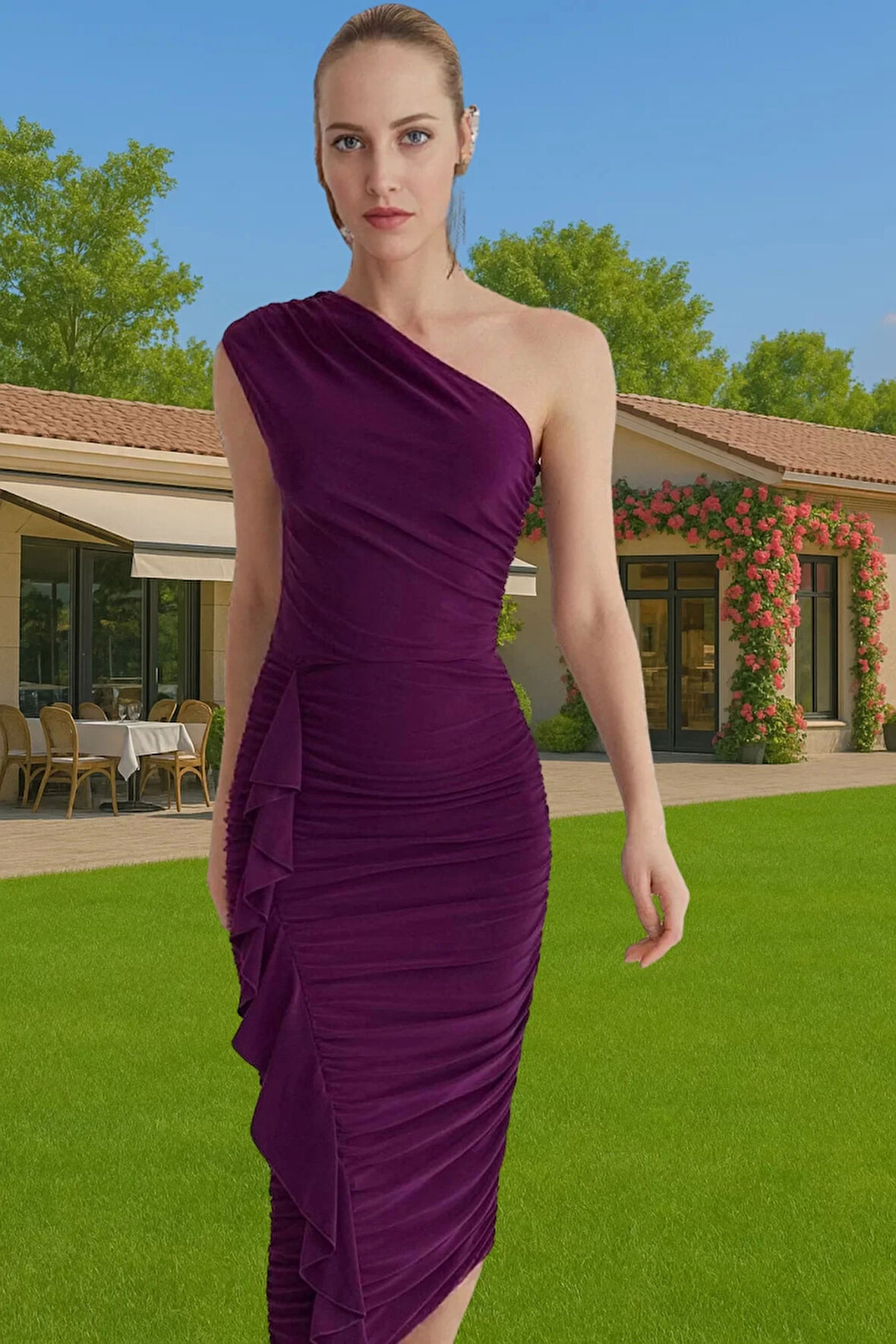 Tek Omuzlu Vücudu Saran Midi Tül Abiye Elbise Özel Kesim Yazlık Uzun Ömürlü Premium Kalite