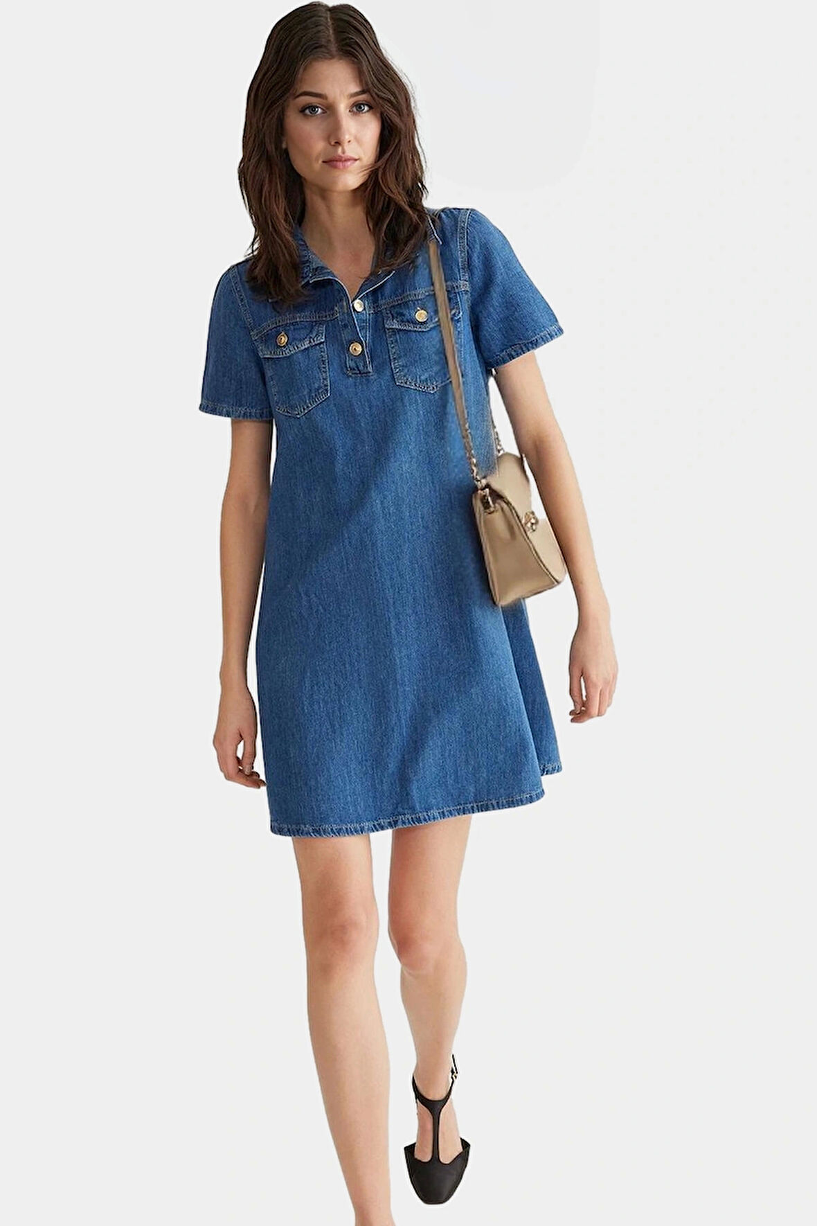 Denim Gömlek Elbise Kısa Kollu Pamuk Casual Günlük Zarifane Tasarım Kaliteli İşçilik