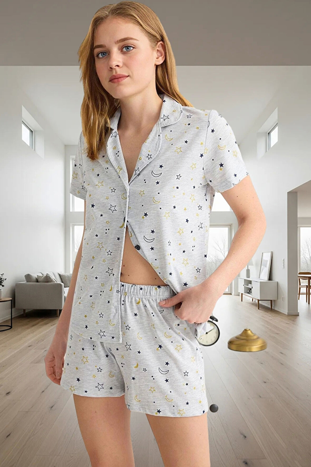 Kadın Melanj Galaksi Desenli Rahat Pijama Takımı Profesyonel Görünüm Uzun Ömürlü Günlük Kullanım İçin