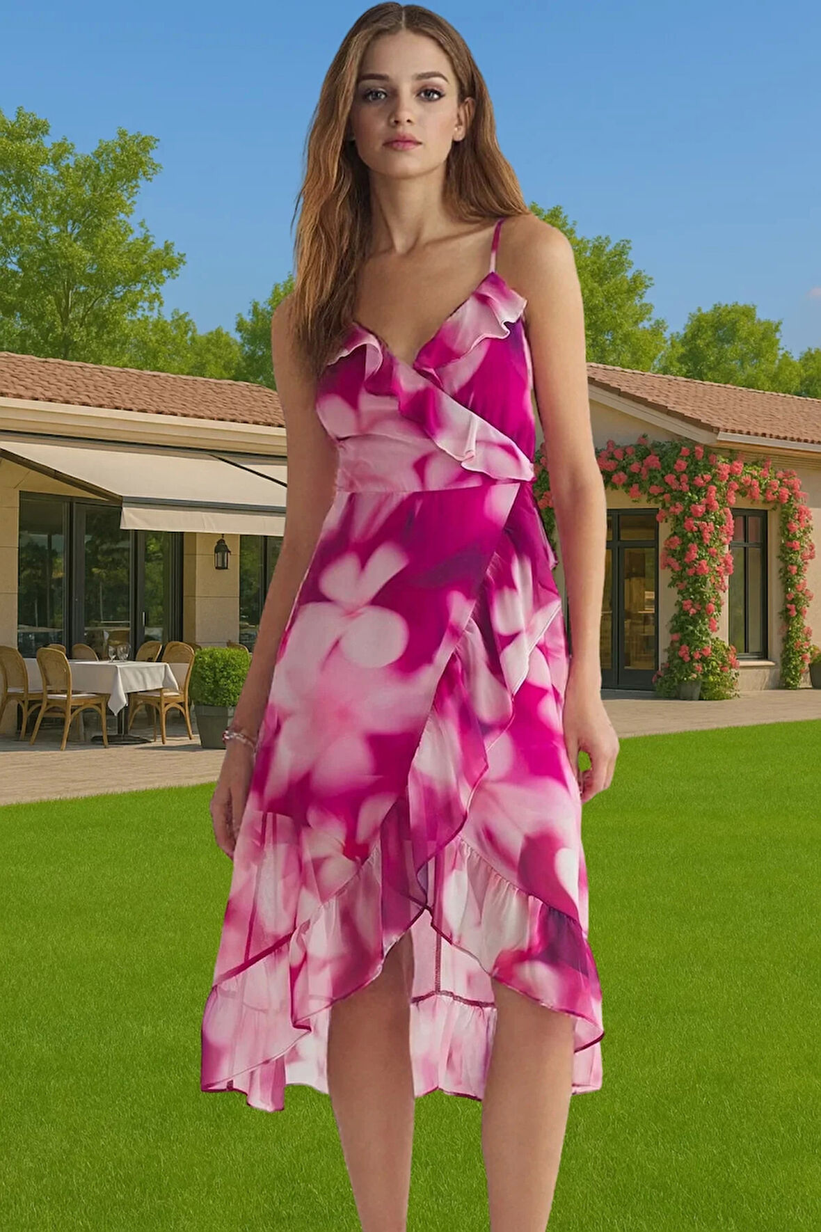 Şifon Kruvaze Midi Elbise Desenli Astarlı Yazlık Günlük Kullanım İçin Mükemmel Uyum Uzun Ömürlü