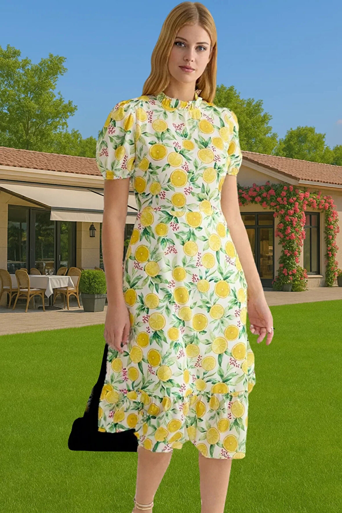 A Kesim Midi Boy Fırfırlı Çiçekli Dokuma Elbise Yazlık Günlük Profesyonel Görünüm Yüksek Kalite