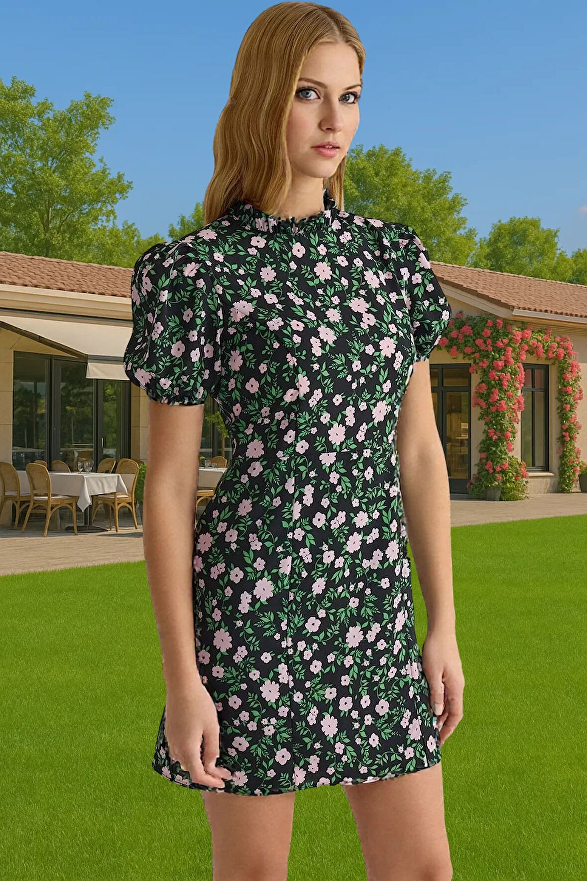 Çiçekli A Kesim Mini Elbise Polyester Moss Krep Yazlık Günlük Konforlu Kesim Şık Görünüm