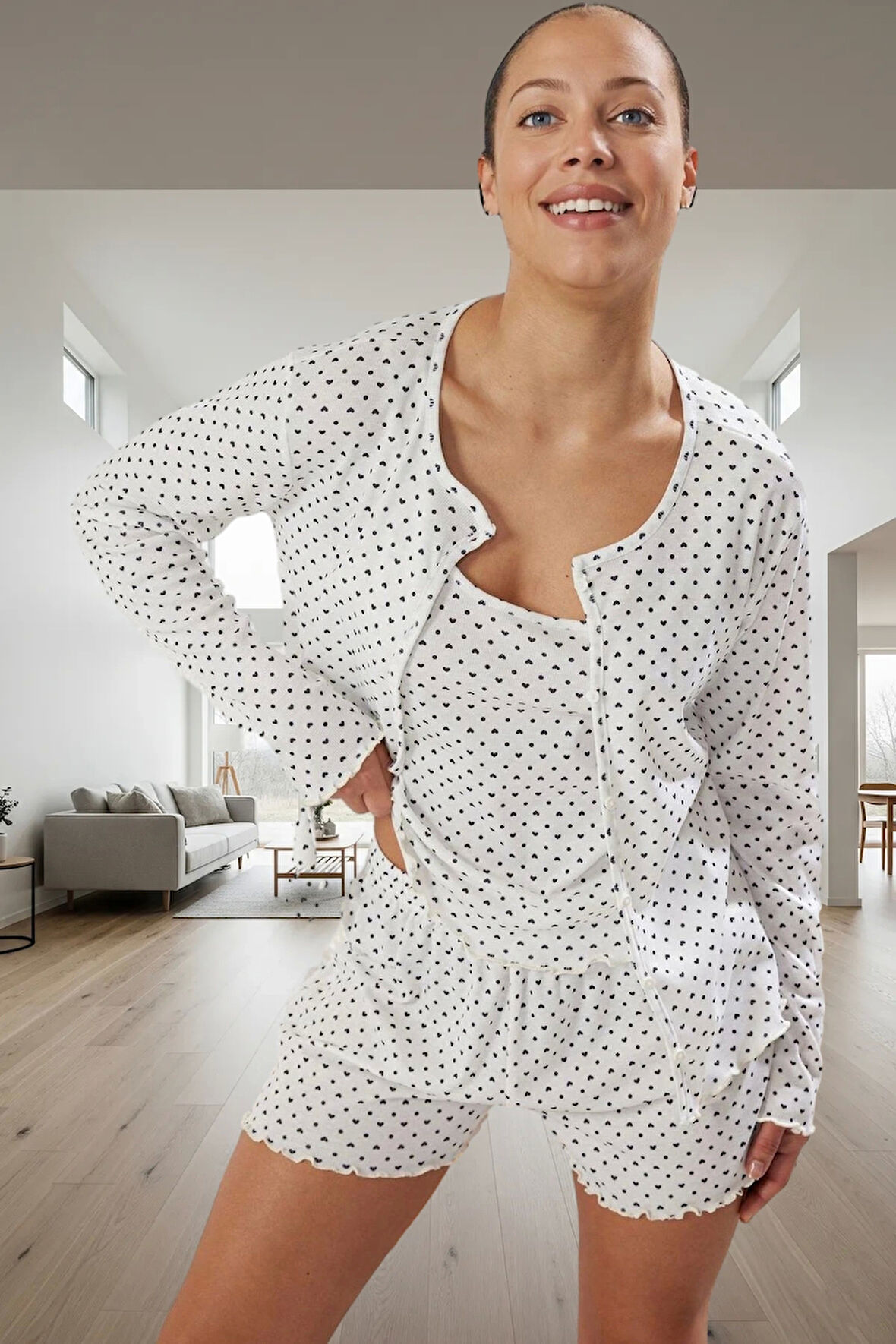 Kadın Kalpli Desenli Örme Pijama Takımı Rahat Ev Giyim Seti Konforlu Kesim Profesyonel Görünüm