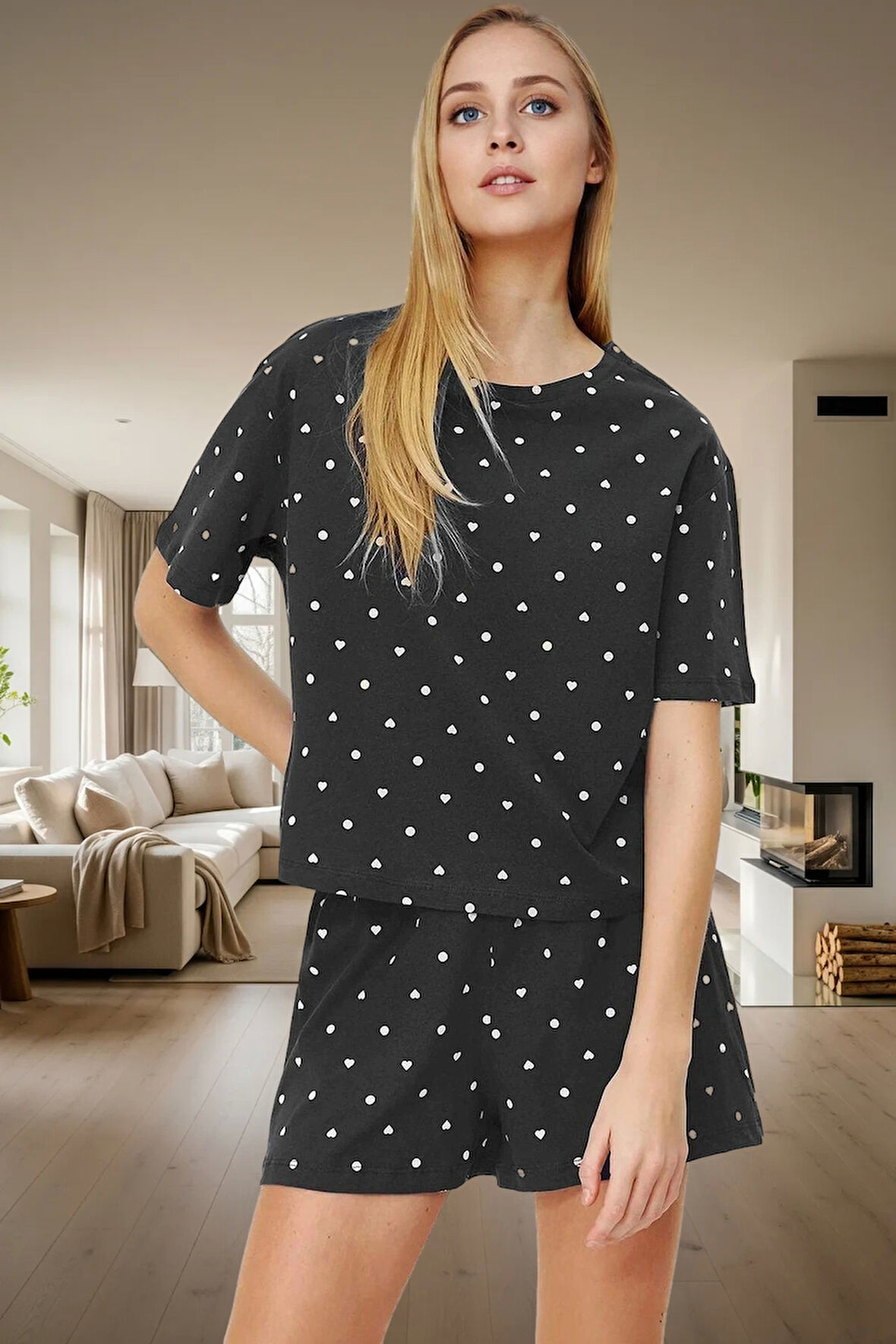 Kadın Kısa Kollu Regular Kalıp Pamuklu Pijama Takımı Uzun Ömürlü Premium Kalite Özel Tasarım