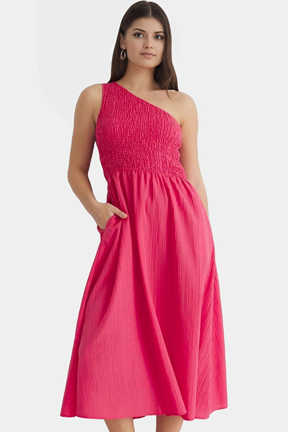 Tek Omuz Midi Elbise Dokuma Kumaştan Şık Yazlık Uzun Ömürlü Seçkin Malzeme Dayanıklı