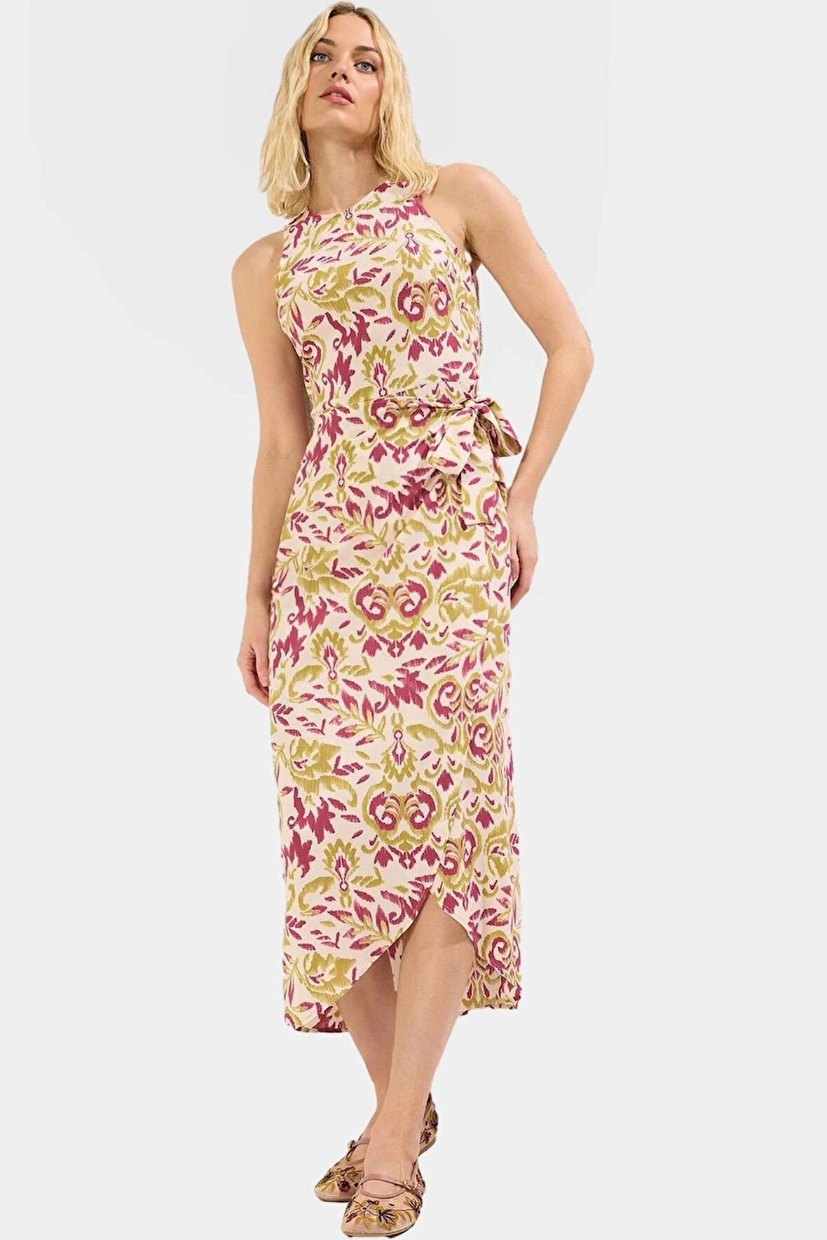 Şal Desenli Viskoz Midi Elbise A Kesim Günlük Yazlık Rahat Ve Şık Dayanıklı Malzeme