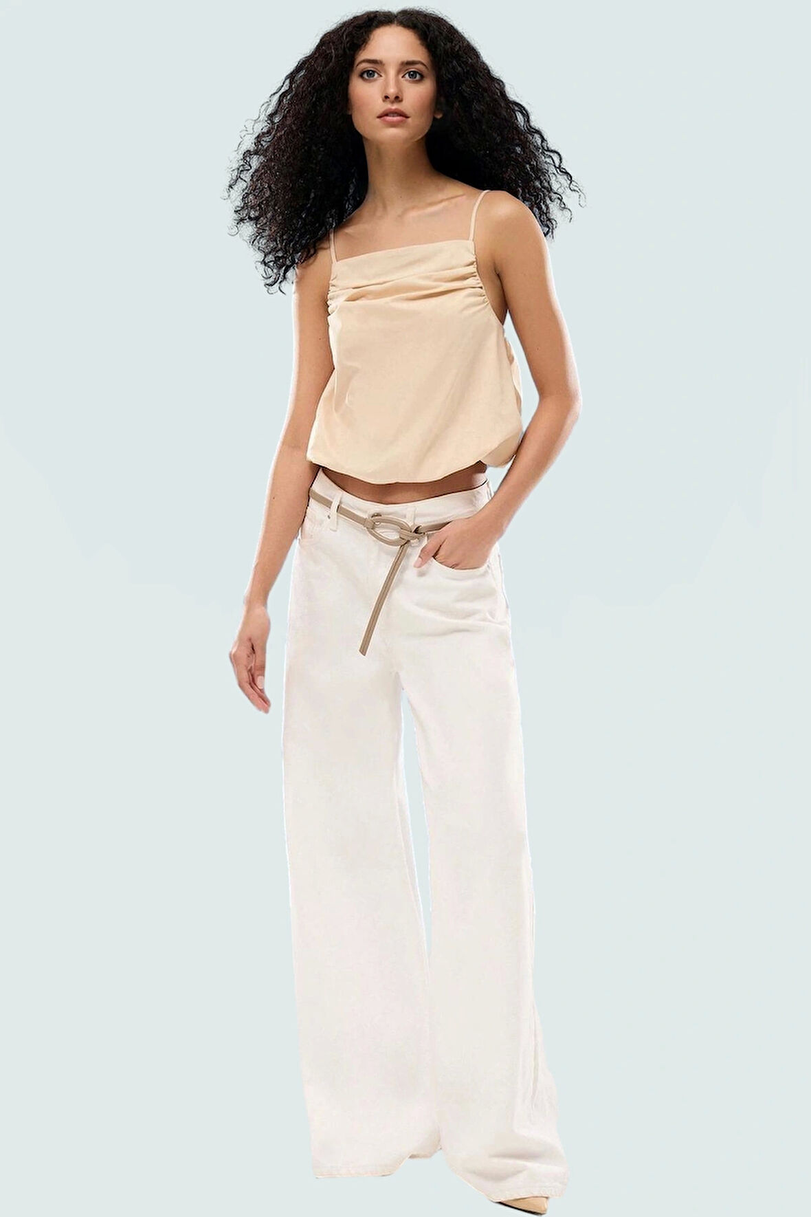 Yazlık Kare Yaka Askılı Crop Bluz Dacron Dokuma Polyester Pamuk Kaliteli İşçilik