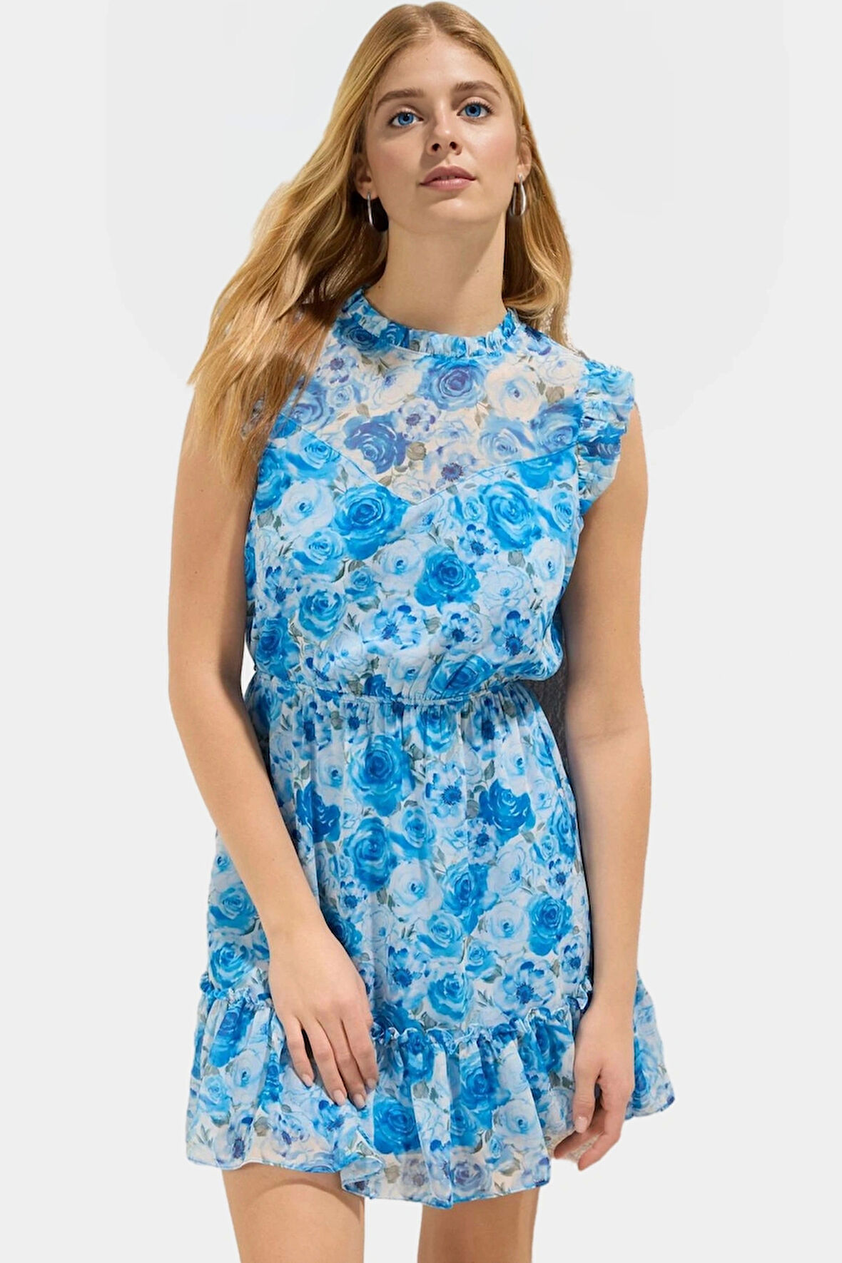 Çiçekli Mini Elbise Dokuma Polyester Yazlık Gündüz Elbisesi Rahat Kullanım