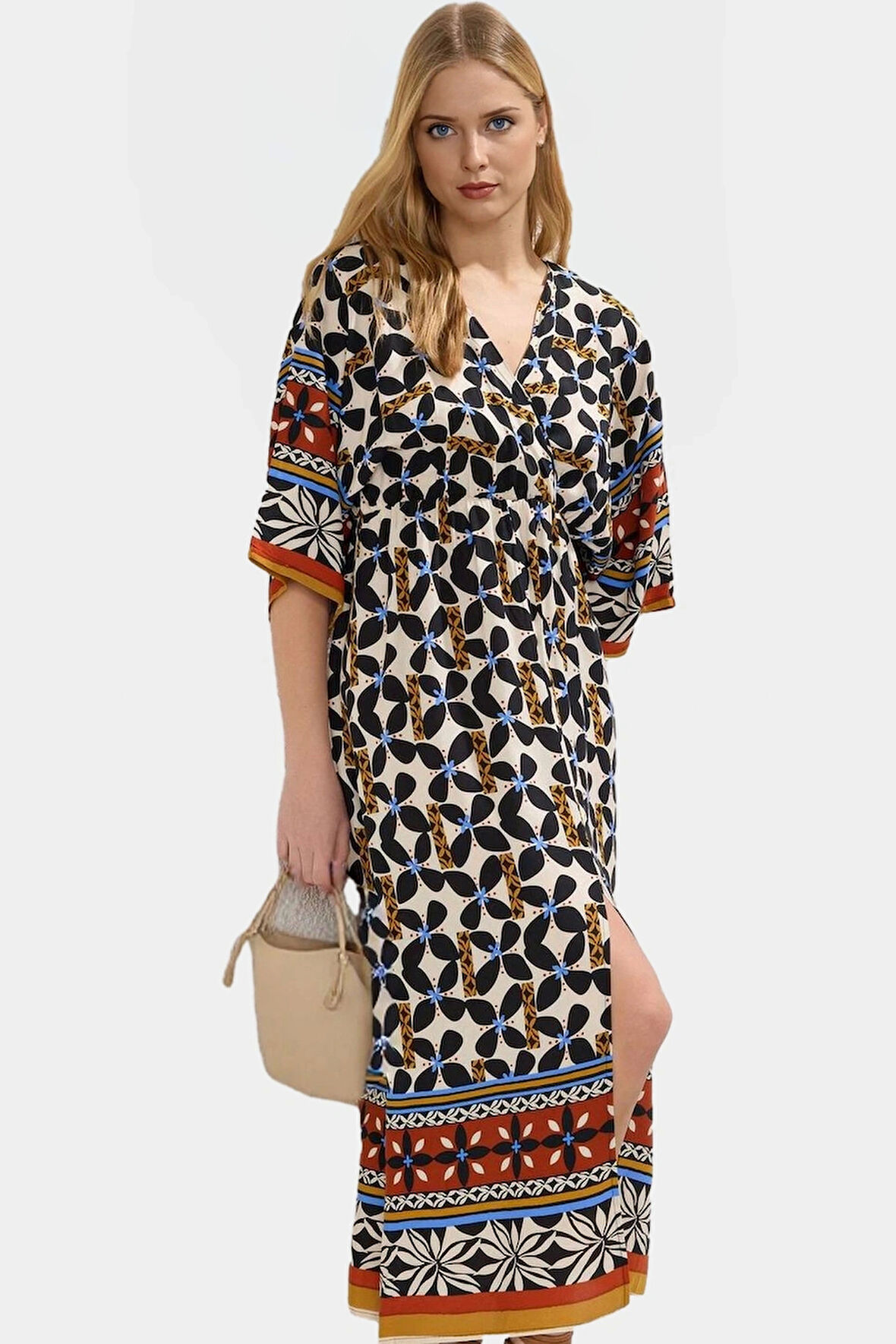 Çok Etnik Desenli Midi Viskoz Elbise A Kesim Truvakar Kol Yazlık Seçkin Malzeme