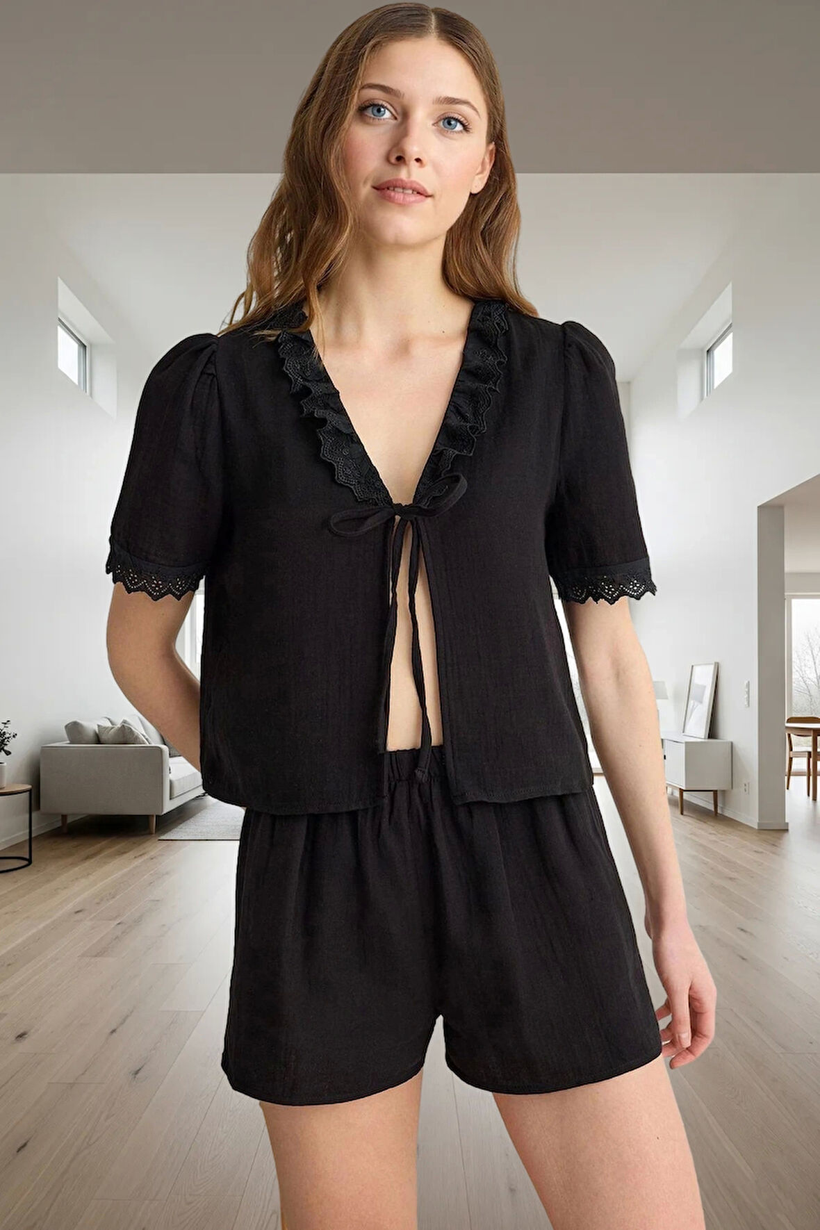 Kadın Pamuklu Müslin Pijama Takımı V Yaka Brodeli Detaylı Rahat Premium Kalite Kullanım